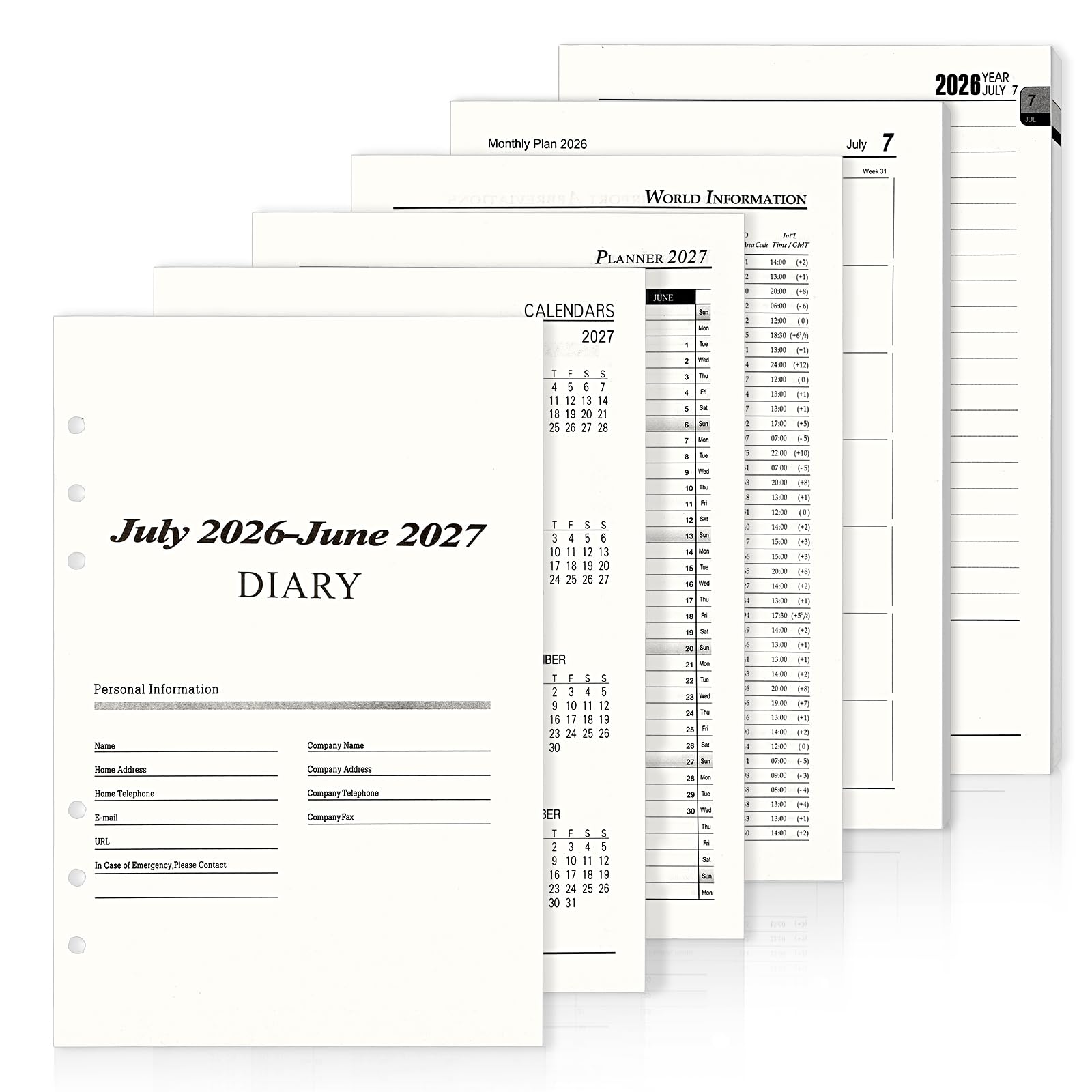 A5 Planner Inserts, 2026-2027 Mid Year Diary A5 Page A Day 6 Hole Refill