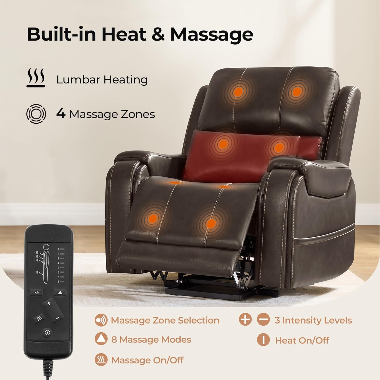 CHITA Power Lift Recliner Chair for Elderly with Heat and Massage, Genuine Leather Electric Lift Chairs with Cup Holder, Removable Lumbar Pillow, 2 Side Pockets, Leather in Brown