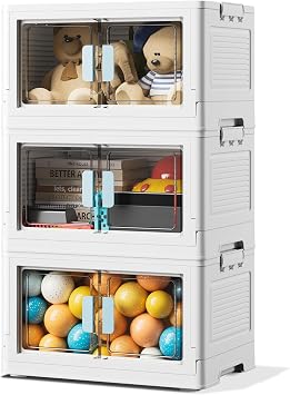 BTGGG 3 Pack Stackable Storage Boxes Large 50L*3 Foldable Collapsible Clear Storage Boxes Organizer 50 * 36 * 90cm, Front Door Opening for Easy Access, Movable Stacking Storage Box for Toys Clothes