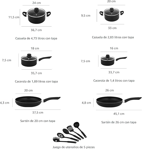 Amazon Basics Juego de utensilios de cocina antiadherentes, 15 piezas, Negro - 4