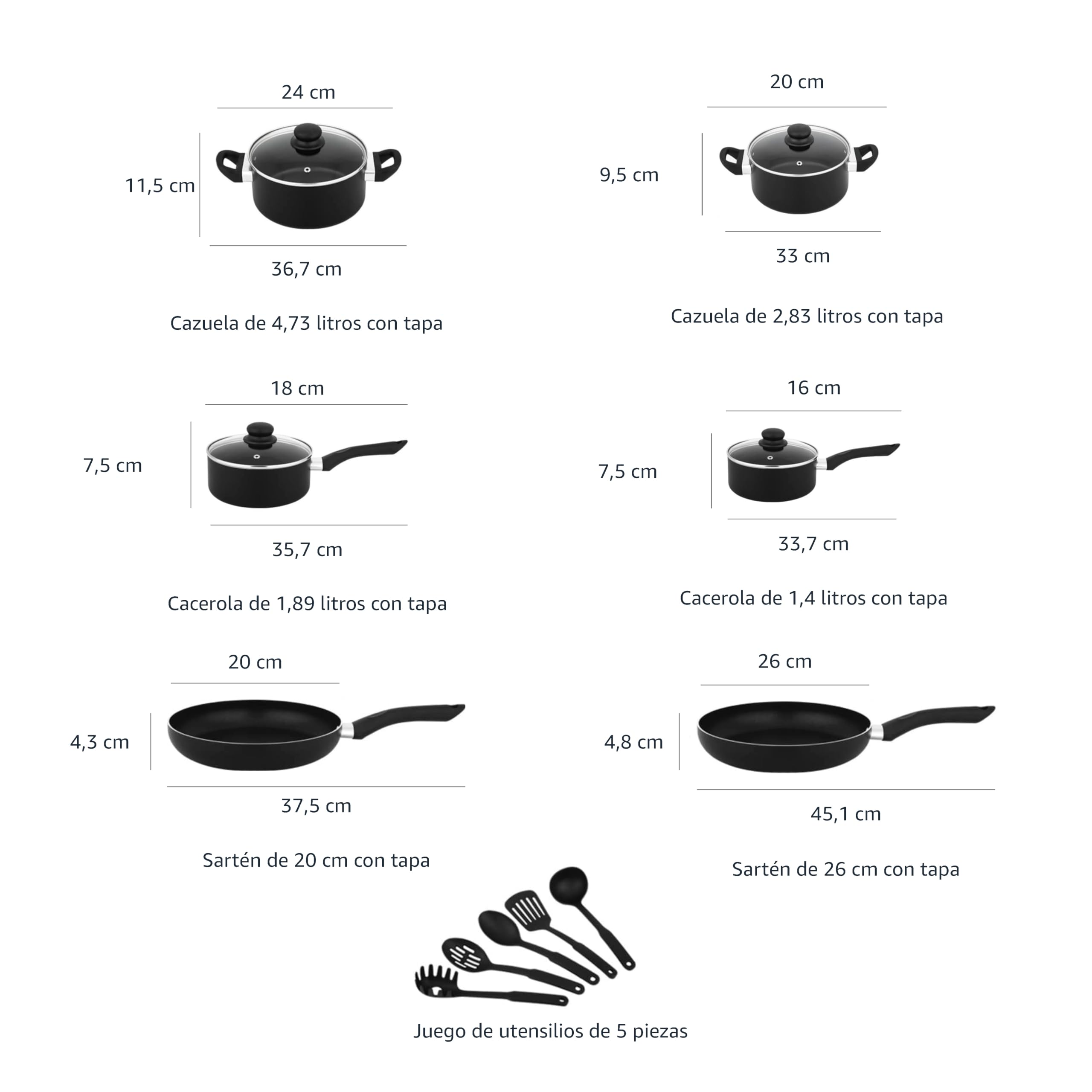 Amazon Basics Juego de utensilios de cocina antiadherentes, 15 piezas, Negro - 5