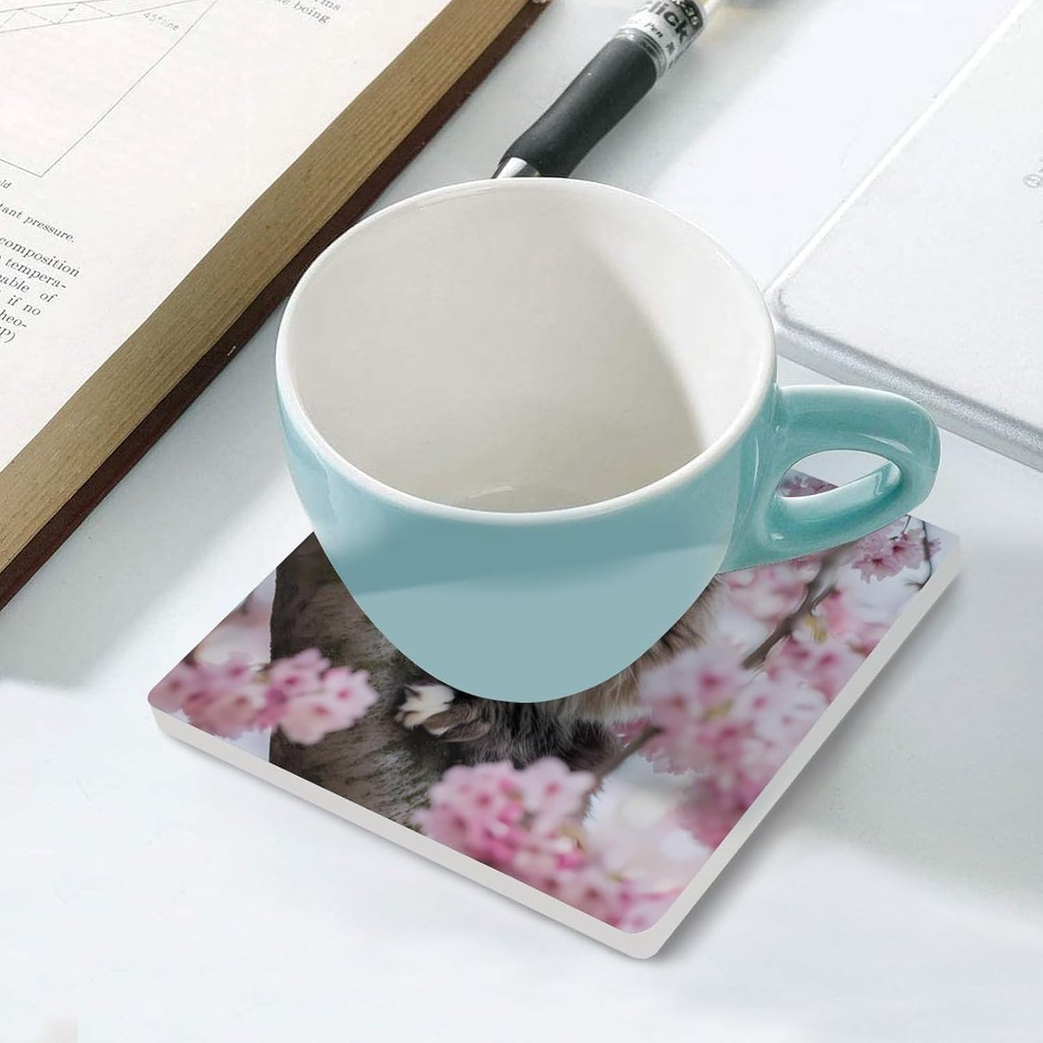 Cat on The Cherry Tree Coasters for Drinks Square Table Coasters Set Cup Mats with Cork Base