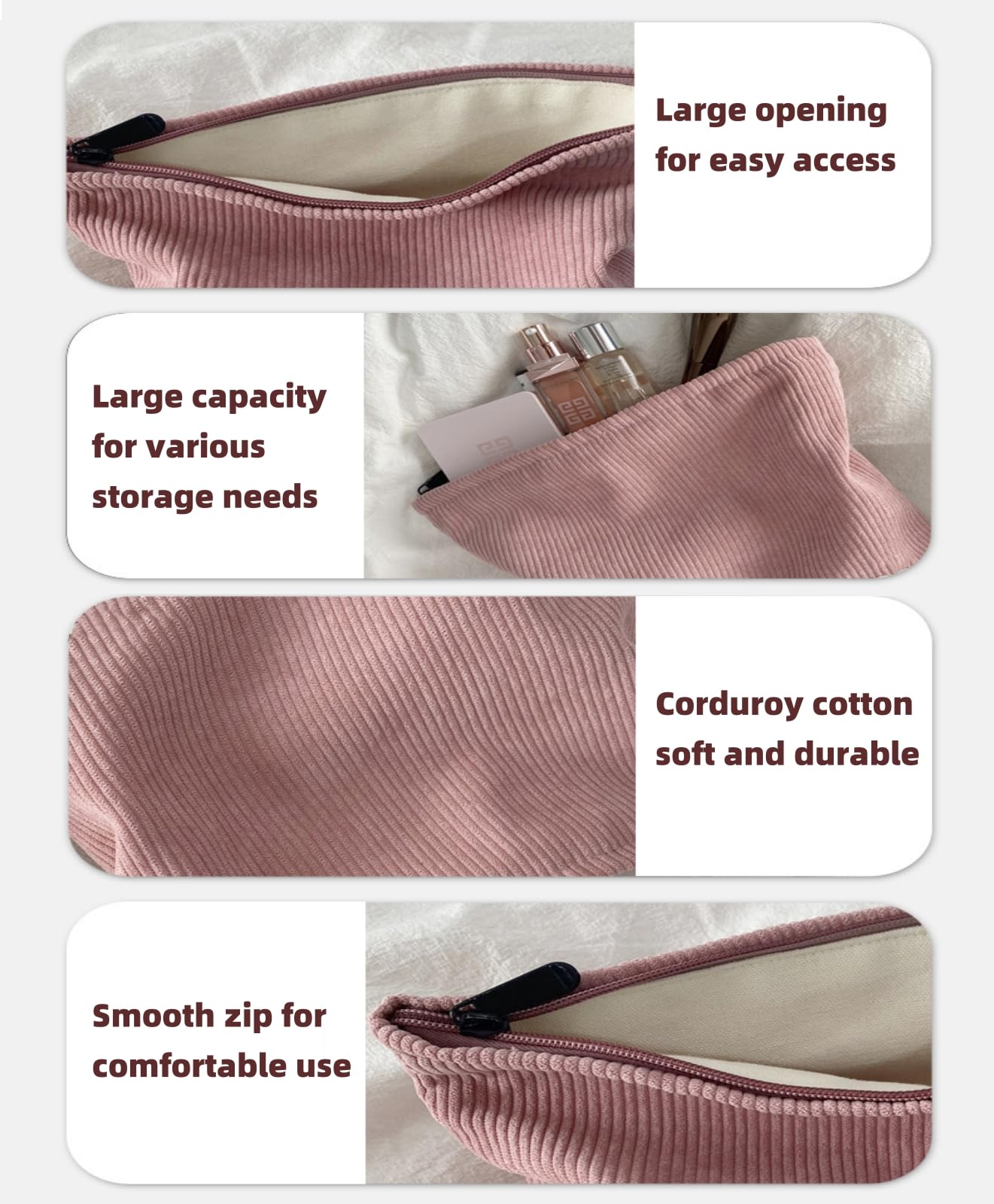 2 Pezzi Pochette Trucchi, Bustina Portatutto in Tela, Porta Trucchi da Borsa e Viaggio con Cerniera, Beauty Cosmetica Makeup Bag - Rosa (1 Grande + 1 Piccolo)