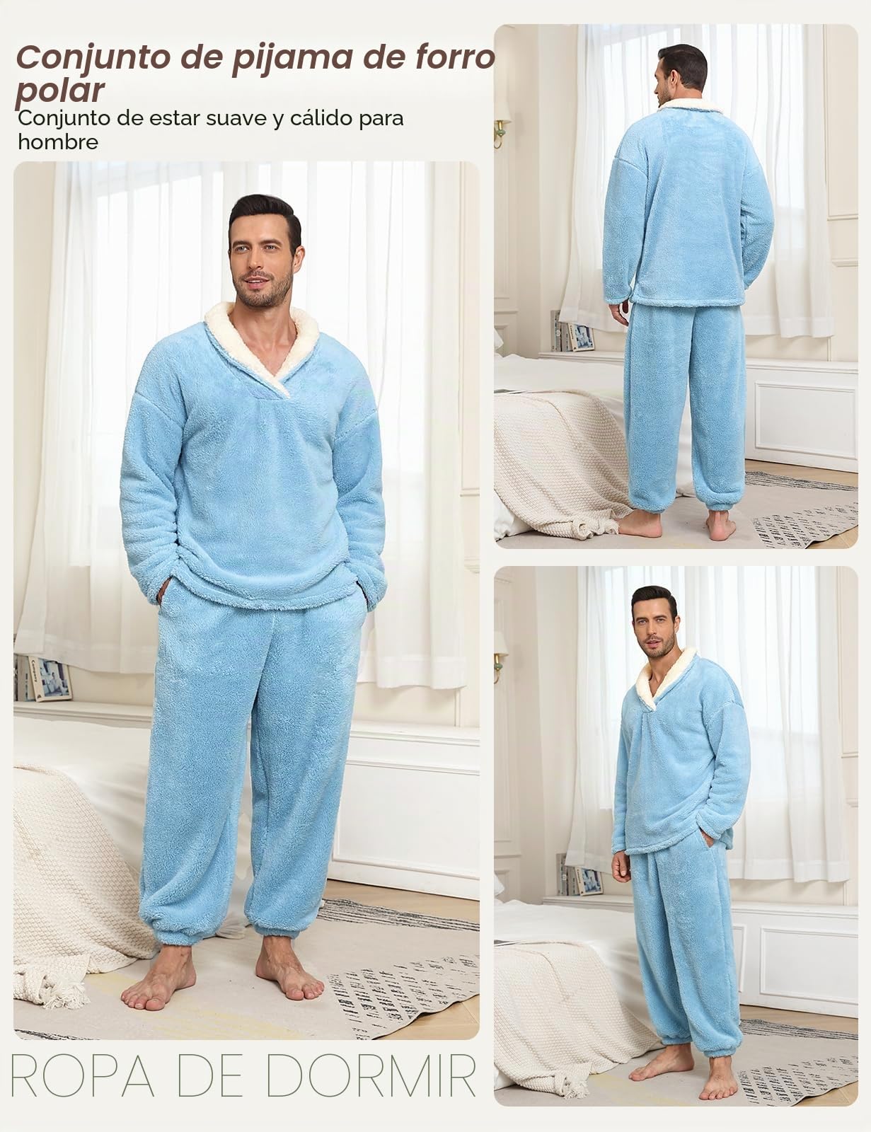 TOMEEK Pijama Hombre Invierno Largo Pijama Cálido Pantalones de Pijamas Hombre Conjunto de 2 Piezas Felpa Ropa de Estar por Casa Regalo
