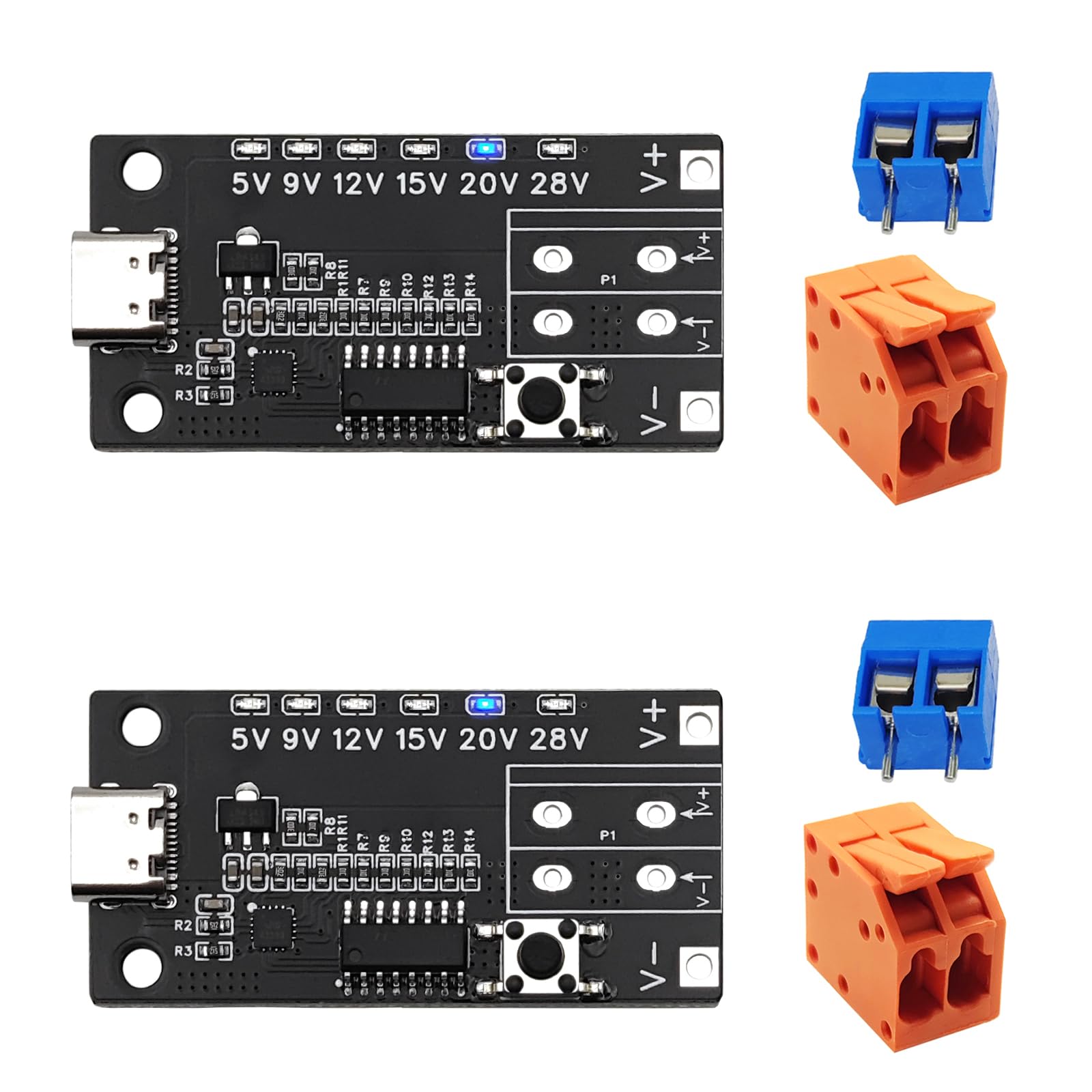 2 Pack USB-C PD3.0/3.1 QC Activator Charging Module Female Input 5V 9V 12V 15V 20V 28V 5A Adjustable Voltage PD Sink Plate Module with Indicator-image-49