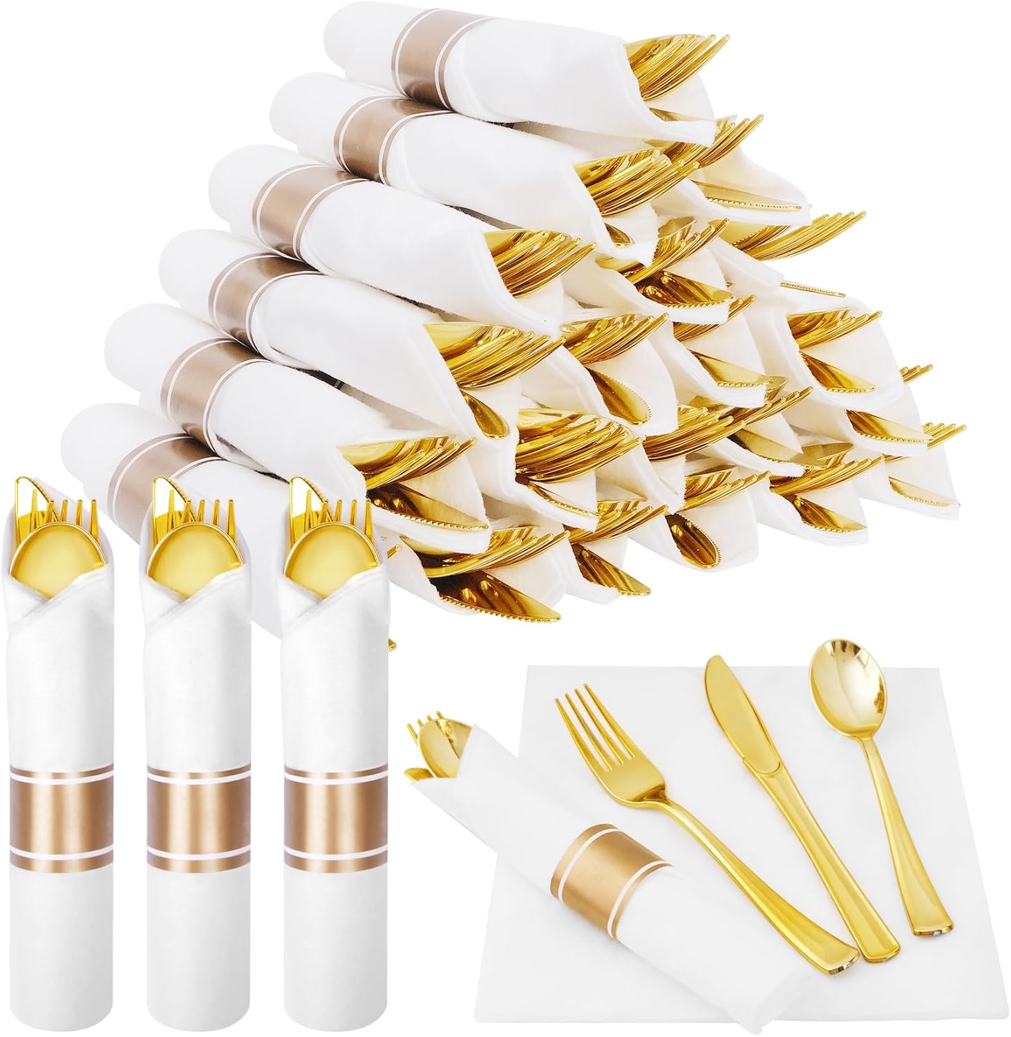 25 Pack Pre Rolled Plastic Gold Silverware, Wrapped Cutlery Set Include Forks, Spoons, Knives & Napkins, Disposable Heavy Duty Silverware Set for Party and Wedding