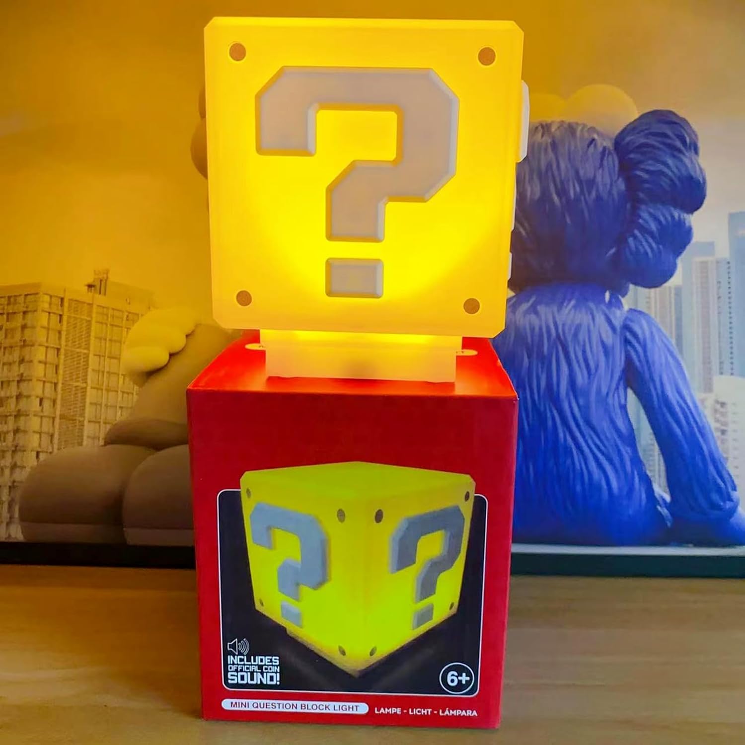Super Bro Question Block Night Light,Question Mark Block Decorate Table Lamp with USB Power Cable, Yellow LED Night Lamp Box with Game's Gold Coin Sound Effects Party Gift