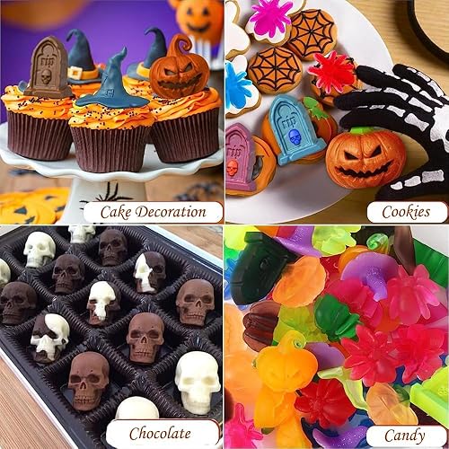Miniatura 5 de Paquete de 2 moldes de chocolate para Halloween, calabaza, murciélago, calavera, tumba, araña, molde de silicona para chocolate, caramelos,