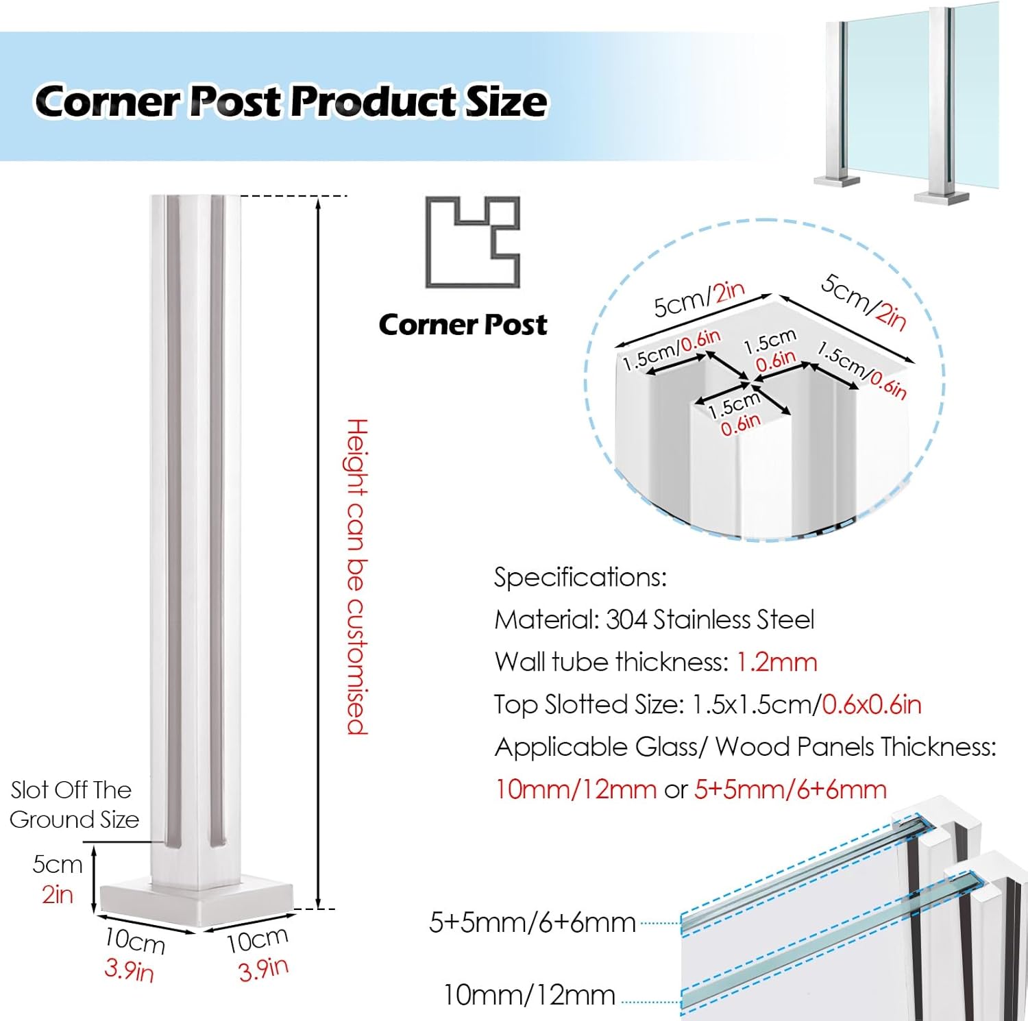 White Modern Glass Railing Post - Customized Height Stainless Steel Indoor Stair Balustrade Column for Villas, Lofts, Hotels - 100CM/39.4inch Corner Post