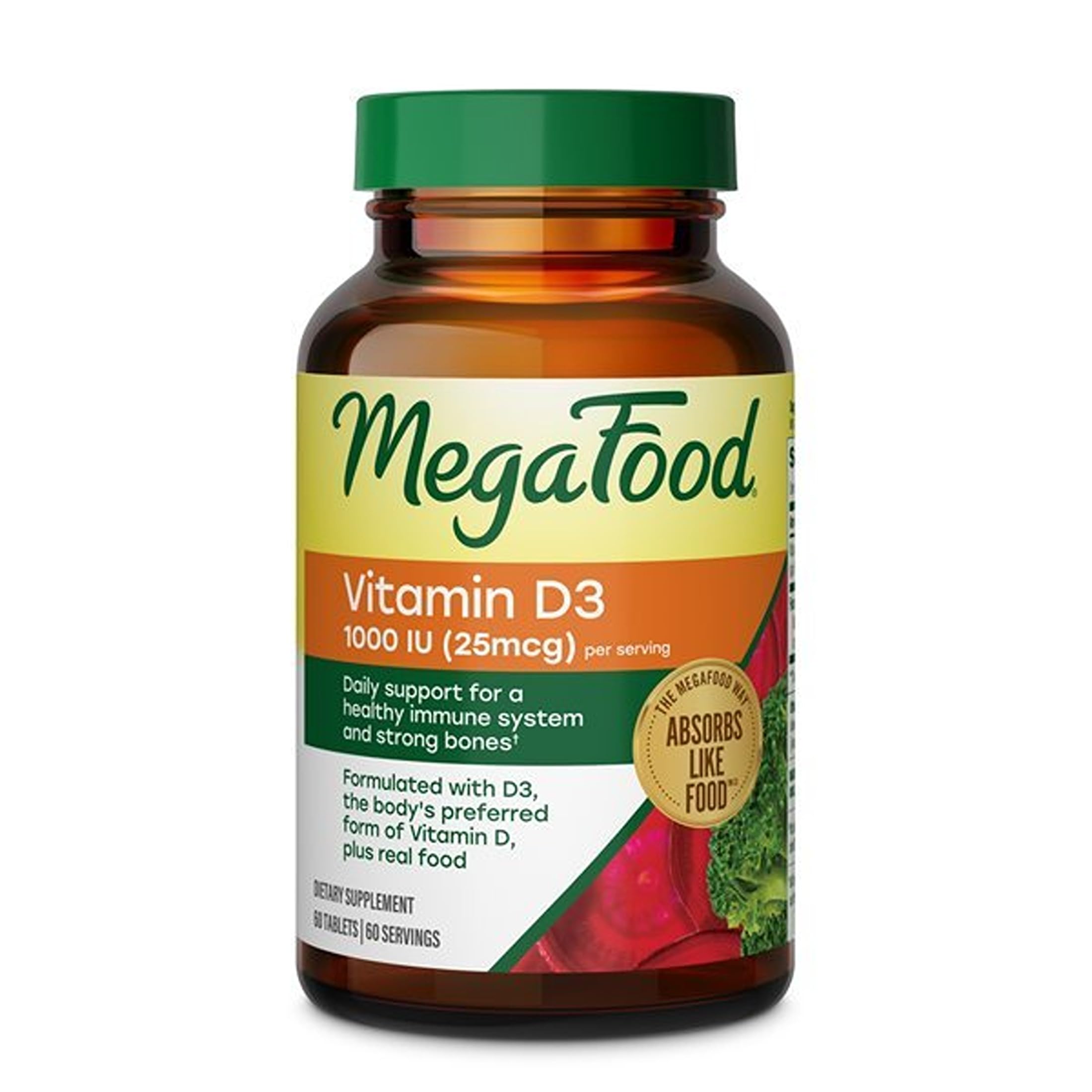 MegaFood Vitamin D3 1000 IU (25 mcg), Bone & Immune Health, 60 Tablets 60 Count (Pack of 1)