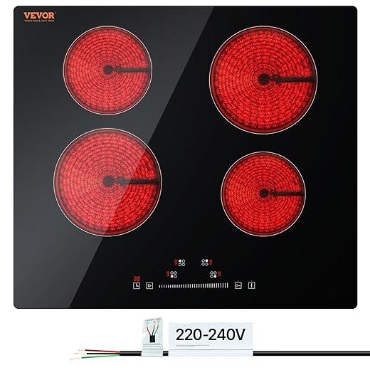 VEVOR LT4-77 Built in Electric Ceramic 23.2 x 20.5 inch Stove Top, 240V Glass Radiant Cooktop with Touch Control, Timer & Child Lock, 9 Power Levels for Simmer Steam Slow Cook Fry, 24IN 4-Burners