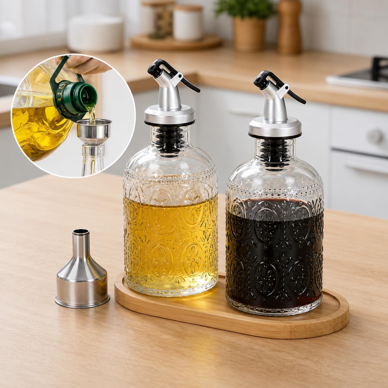 Olive Oil Dispenser Bottle Set, 2 Pack 8.5 oz Glass Oil and Vinegar Dispensers with Wooden Tray and Funnel, Pour Spout Condiment Cruet for Kitchen Cooking, Home Bar & Restaurant