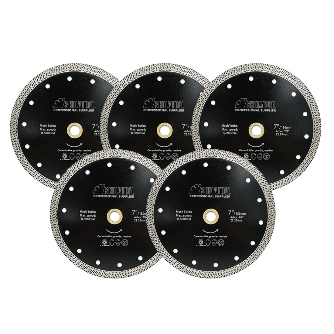 SHDIATOOL Diamond Cutting Disc 5pcs 7 Inches / 180mm Saw Blade with Mesh Turbo for Porcelain Tile Ceramic Granite Marble