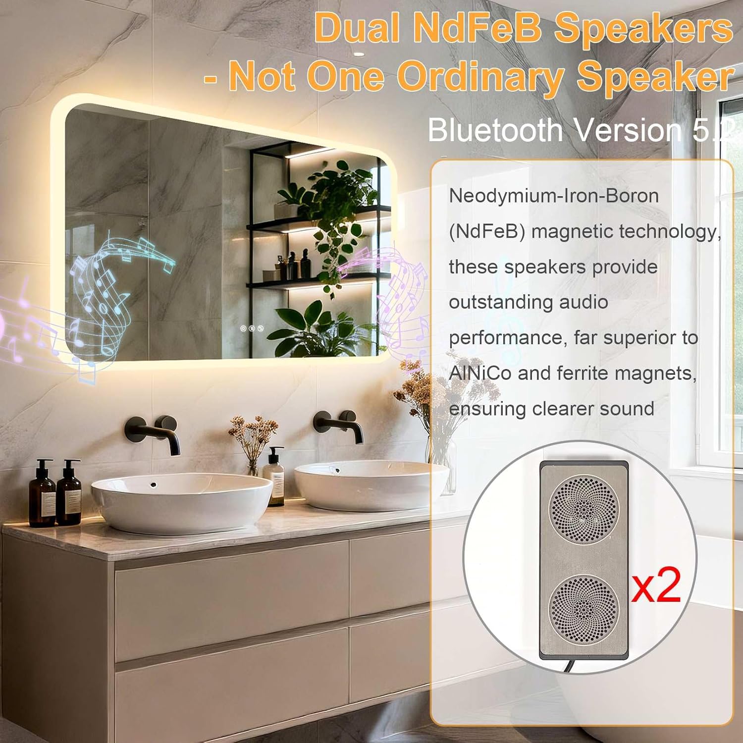 LUVODI Rectangle LED Bathroom Mirror: Smart Bluetooth Vanity Mirror Front-Lit Defogger Stepless Dimming, 27.6x39.4 inch