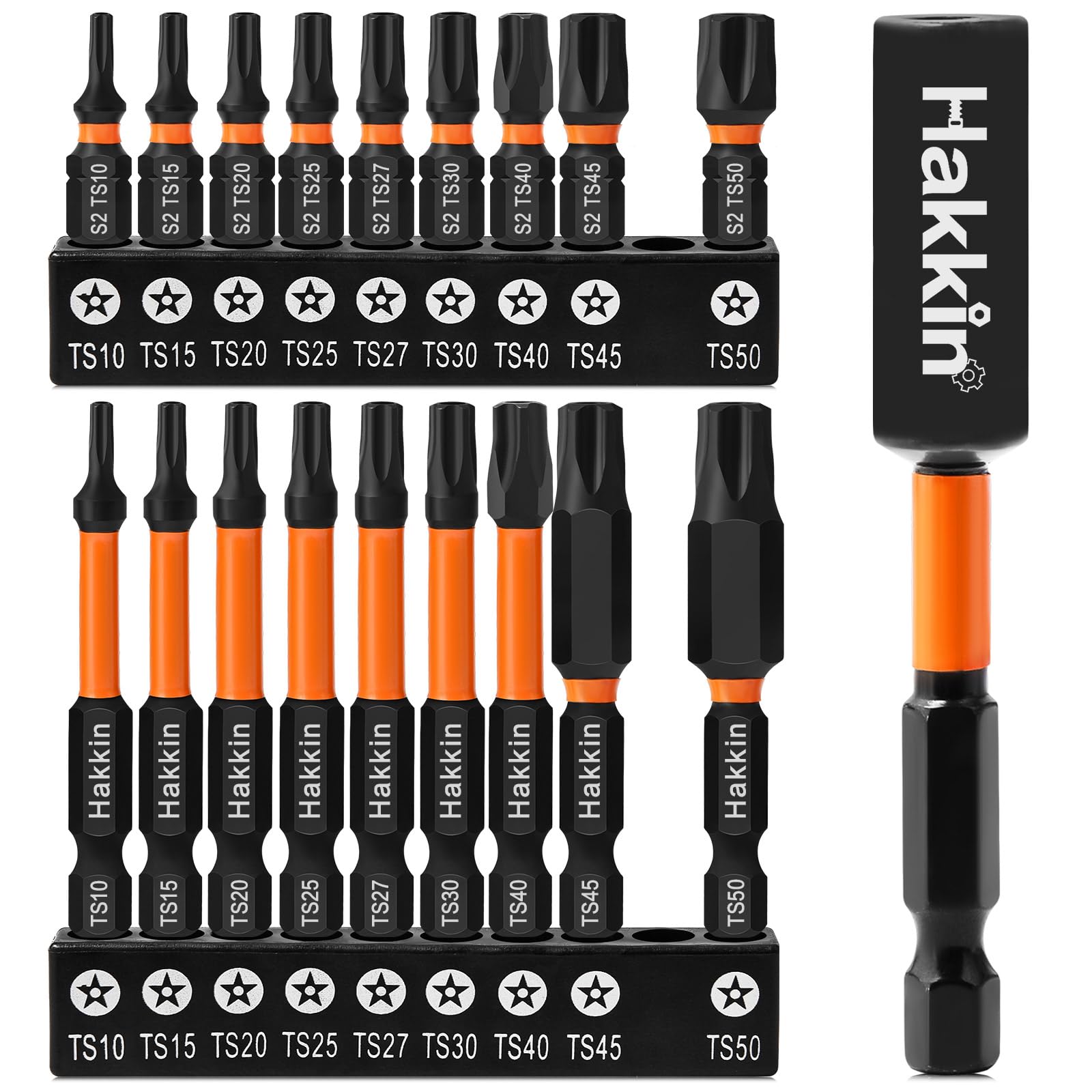 Hakkin 19Pcs Magnetic Torx Security Bit Set, 5 Point Star Bit Set, 1/4” Hex Shank, T10-T50, 60mm & 25mm, 1pcs Extension Holder