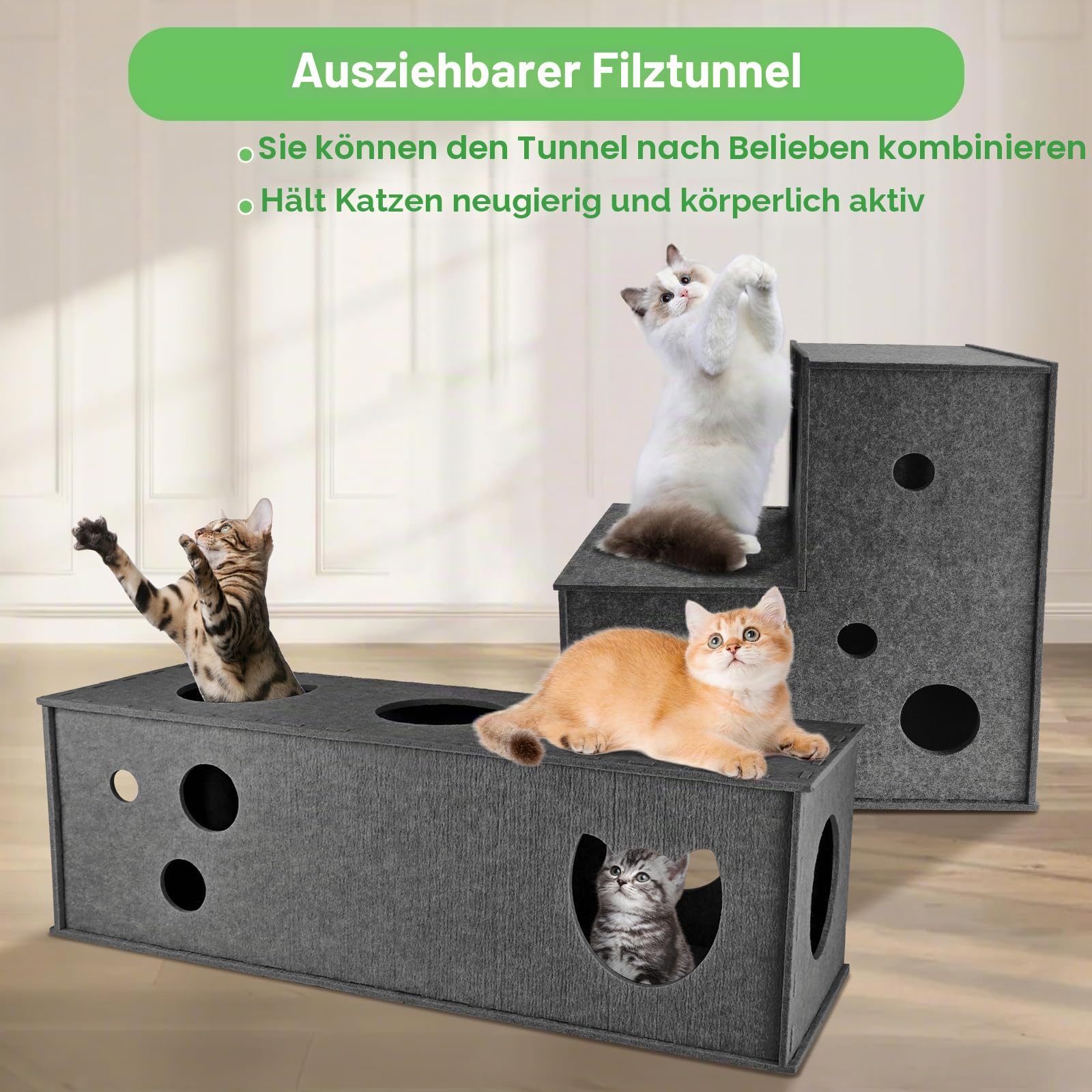 Homegroove Katzentunnel für Indoor Katzen, große Filz L-Form Katzen Tunnel, interaktive Cat Tunnel, DIY Peekaboo Katze Spielzeug mit interaktiven Peek Holes für Katze (Grey, Straight)