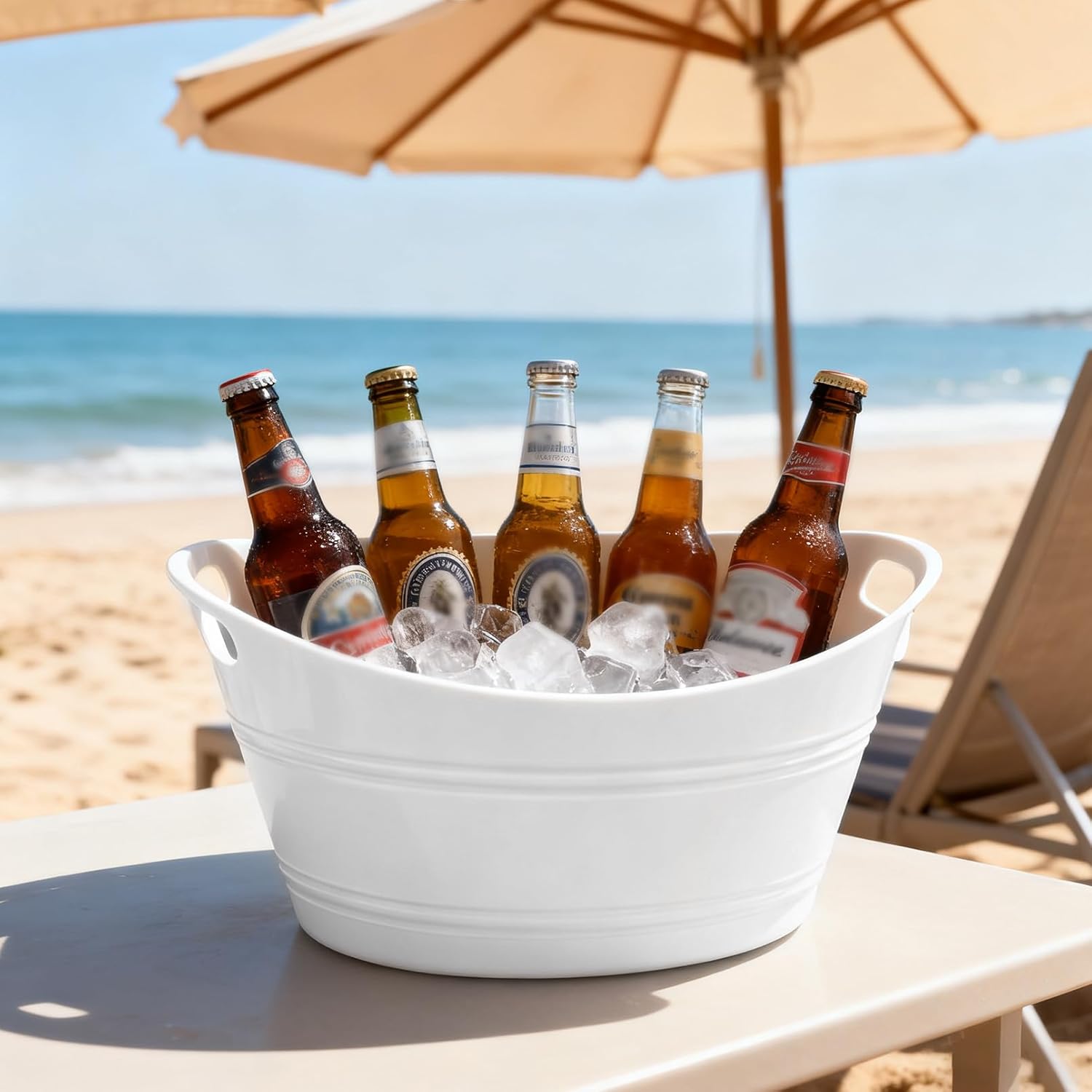 6 Pack Ice Buckets, Oval Storage Tub with Handles, Plastic Ice Drink Bucket for Parties, 4.5 Liter Beverage Storage Basket for Bar Champagne Wine Beer Beverage Bottle Cooler, White