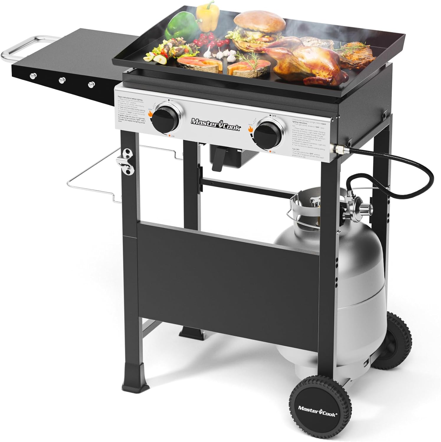 MASTER COOK 2 Burners Propane Flattop Gas Griddle, 375 SQIN Cooking Area with Folded Side Shelf, 12 Burgers Ready, 24000 BTU Stainless Steel Outdoor BBQ Flat Top Grill for Camping, RV, Backyard Party