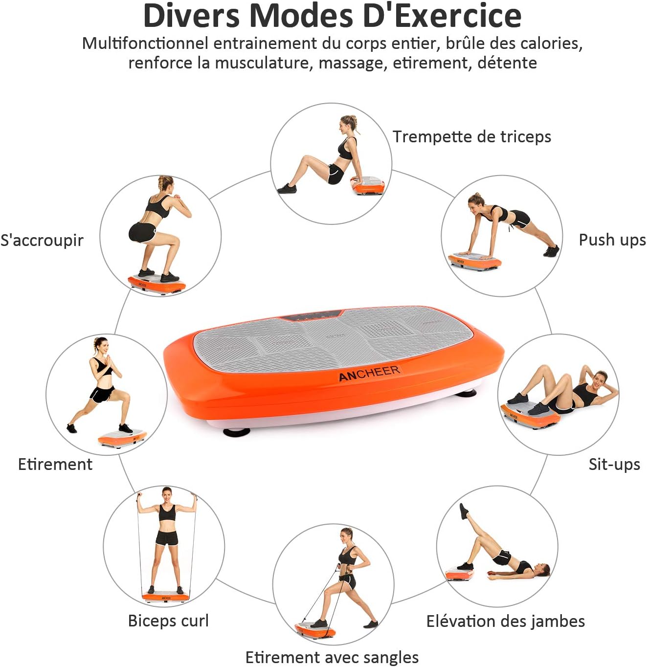 Various exercise poses on the Ancheer JF-B01C Vibration Platform