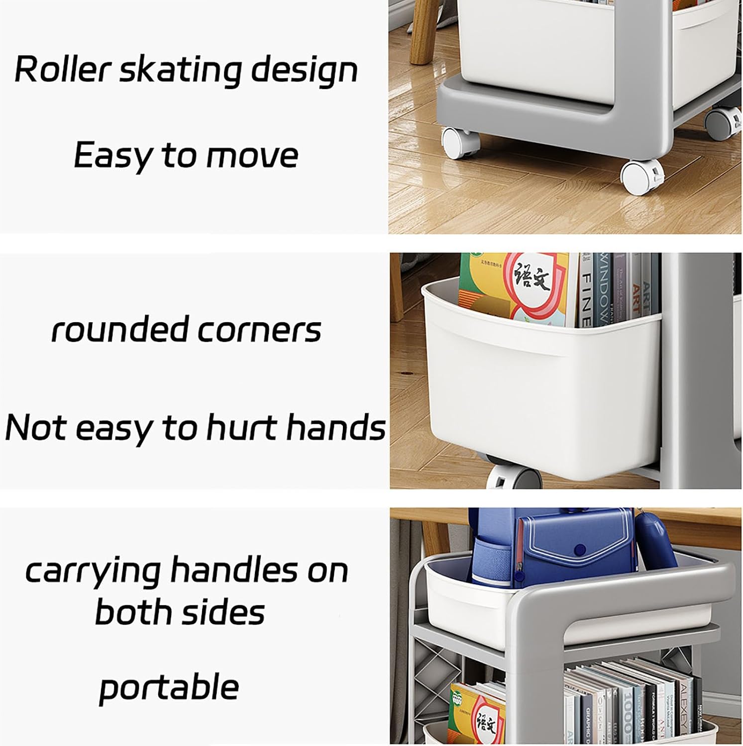 Kitchen Cart Rolling Storage Cart,Plastic Under Desk Mobile Storage Cart with Wheels & Baskets Study Cart for Books, School Supplies