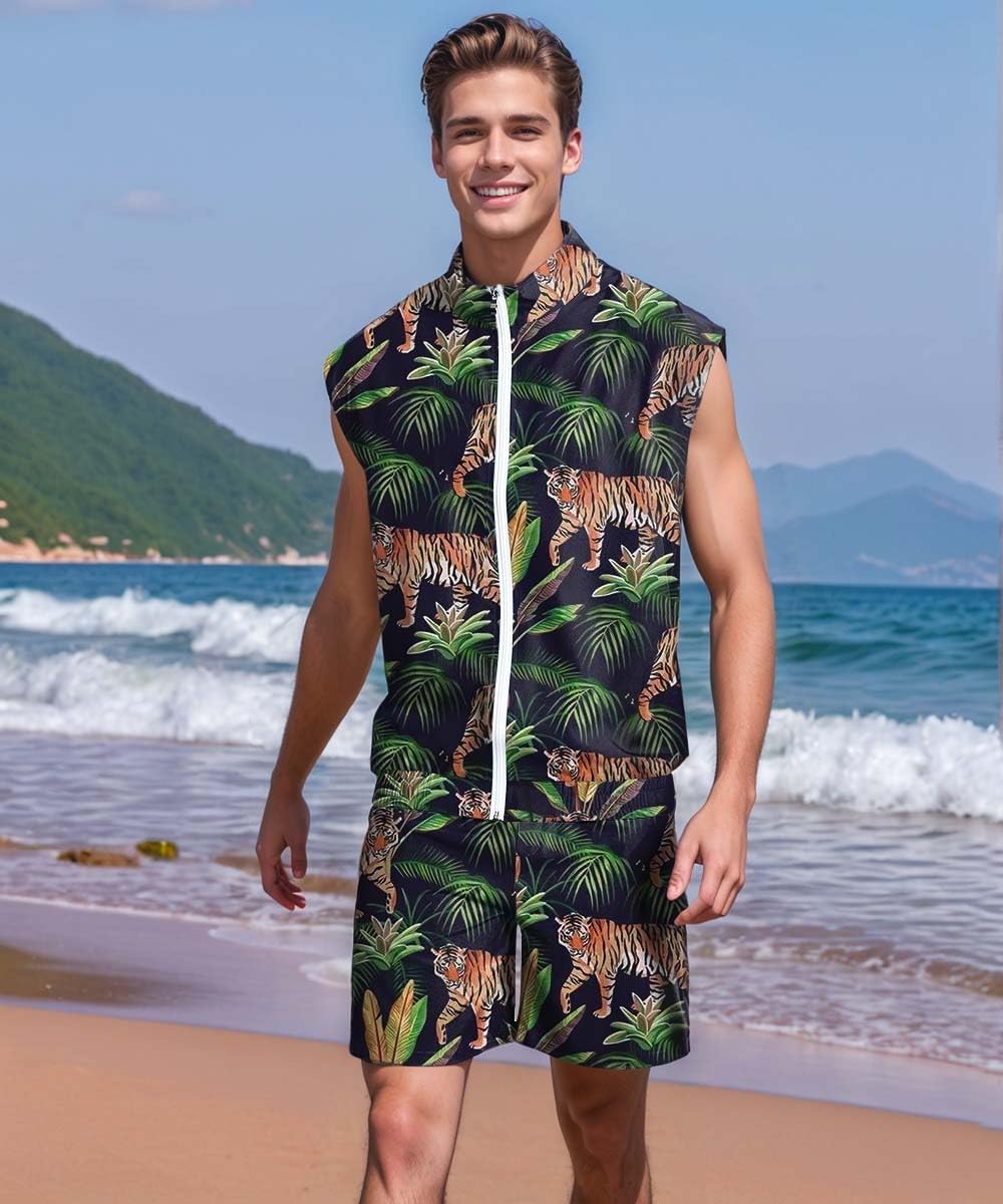 UOUA Men 80s Outfit 90s Costume 2 Piece Shorts Set Themed Party Clothes - Image 3