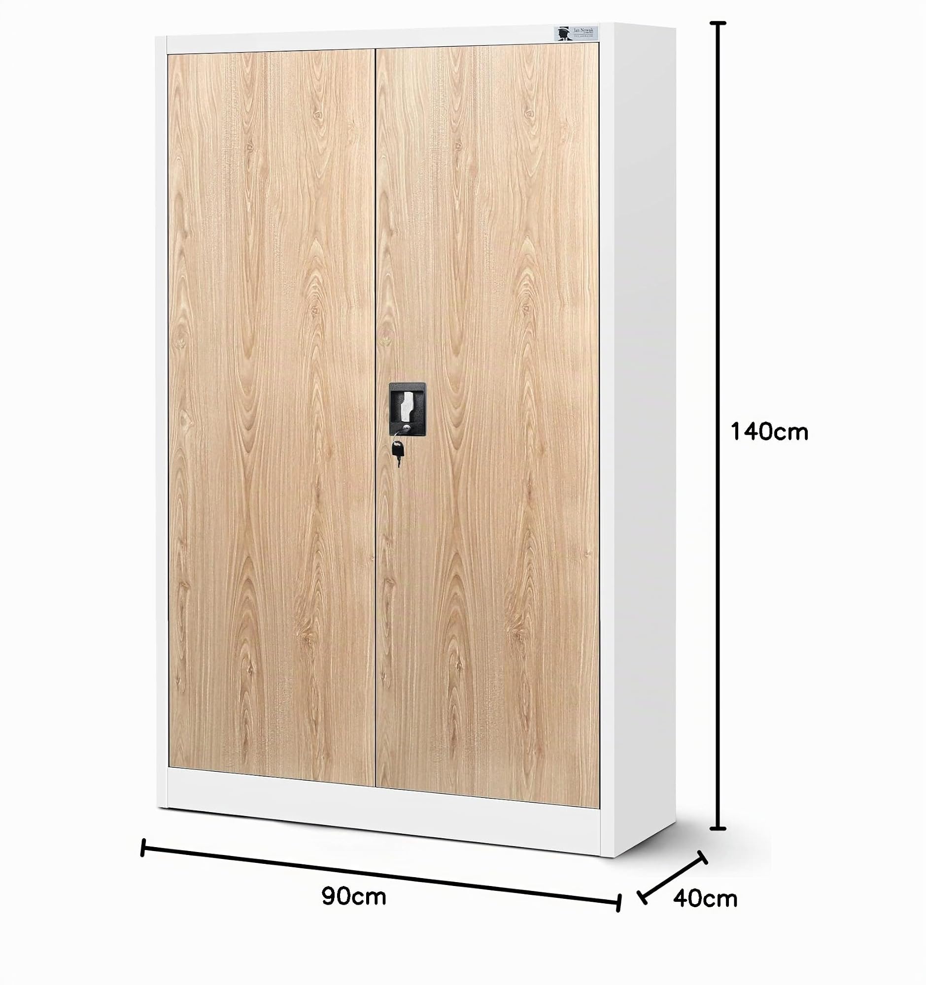 Jan Nowak Armoire de Bureau Métallique C001K 3 Etagères Tôle d'acier Portes Battantes Verrouillable 140 cm x 90 cm x 40 cm (Blanc/Imitation Bois)