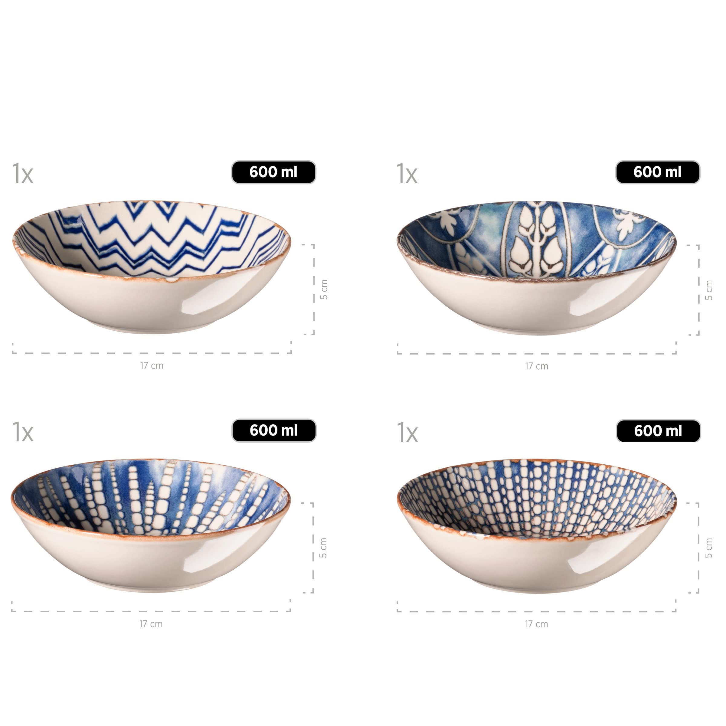 MÄSER 934018 Iberico Blue, set di 5 ciotole in stile morano, 1 insalatiera grande e 4 ciotole per insalata, cereali, zuppa o pasta, con diversi motivi vintage in bianco e blu, in gres