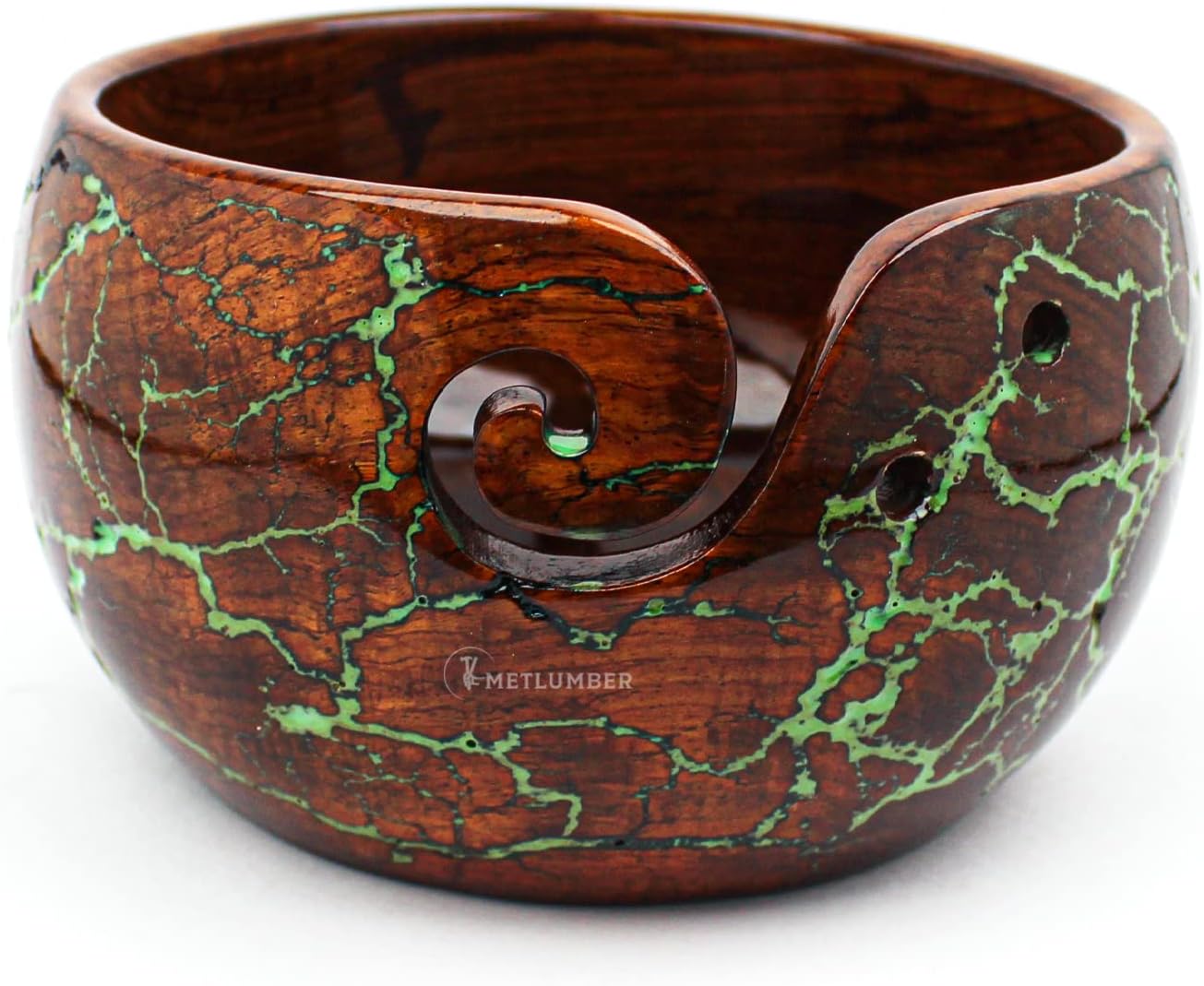 METLUMBER Wooden Yarn Bowl Rosewood Yarn Storage Bowl Holder & Dispenser for Tangle-Free Yarn Perfect Large Knitting & Crochet Bowl Fractal Wood Burning & Resin Artwork (Green)