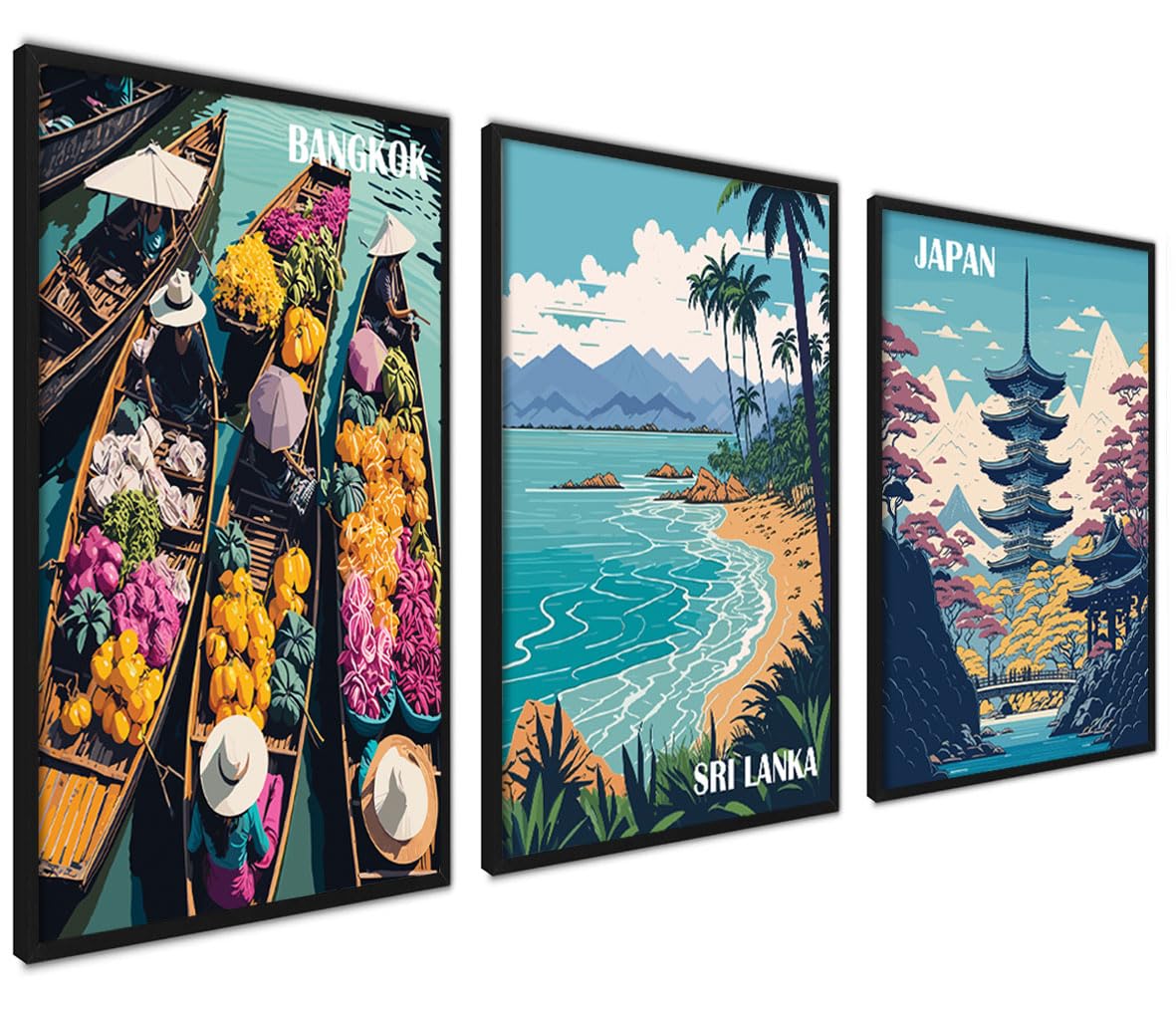 ag.art deco Pictures for Living Room | 30x40 cm Framed Wall Art | Posters with Black Frame | Canvas Wall Art for Hallway and Stairs | Room Decor | Set of 3 Artwork (Voyage to Asia) â image 1