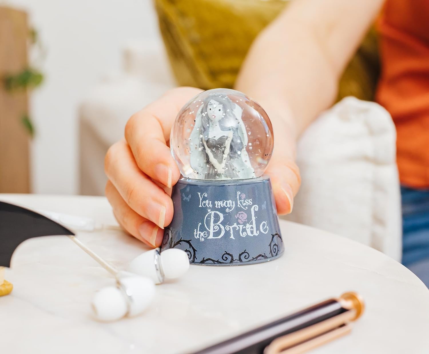 Tim Burton's Corpse Bride Emily You May Kiss The Bride Light-Up Mini Snow Globe with Swirling Glitter Display | 3 Inches Tall