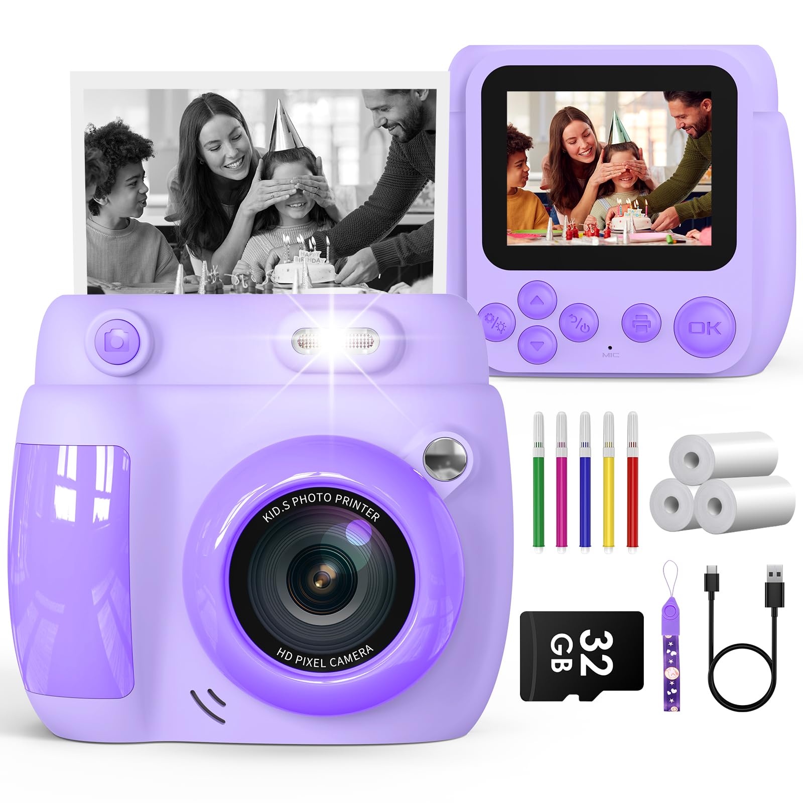 Gofunly Camara Fotos Infantil Instantanea, 2,4 Pulgada 1080P Camara Fotos Infantil con Tarjeta de 32GB y Papel Fotografia, Juguete Cámara Instantánea Regalos para Niños y Niñas de 3-10 Años (Morado)