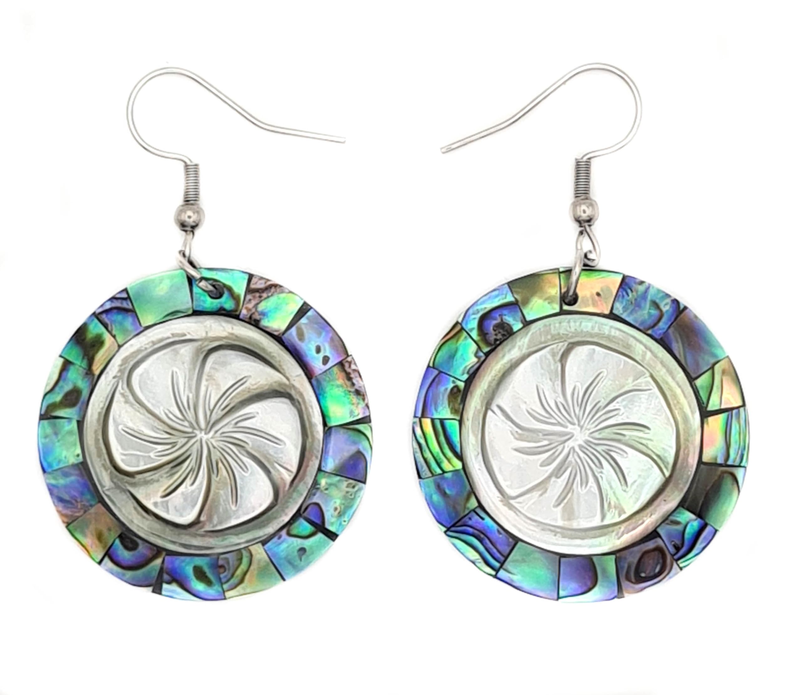 Swimmi Paua Abalone Shell Earrings, Hand Carved Flower Mother of Pearl Earrings, Dangle Drop Round Abalone Shell Earrings for Women Jewelry CA138