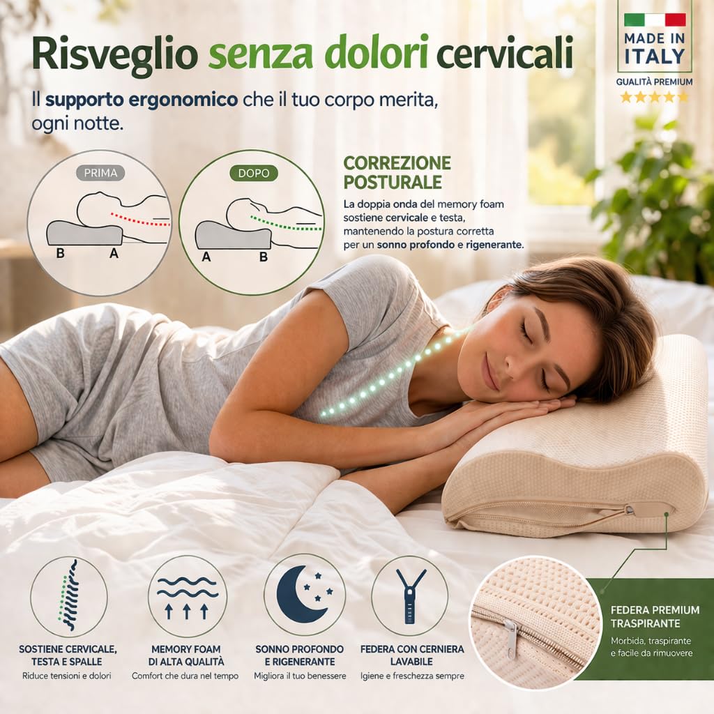 LOTAMI Cuscino Cervicale Ortopedico Memory Foam – Dispositivo Medico Classe 1 – Guanciale Ergonomico Doppia Onda per Dolore a Collo e Spalle, Traspirante e Anallergico - 5