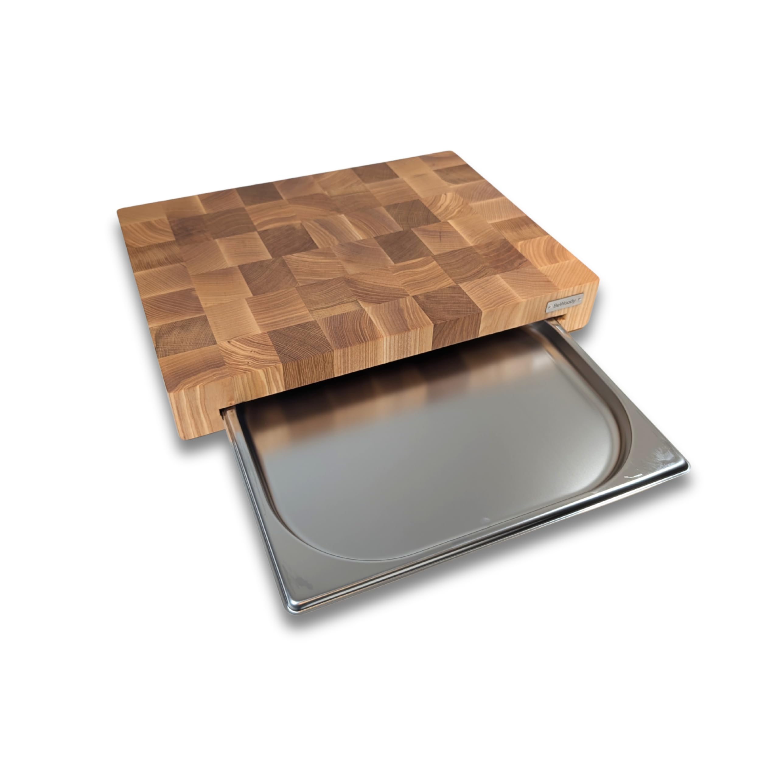 Premium Stirnholz Schneidebrett Eiche & Esche 40×30×5,5 cm – mit Edelstahlschublade 1,3 L – Küchenbrett rutschfest & massiv