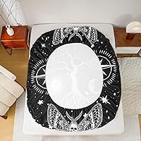 Vista 4 de Sábana bajera ajustable con diseño de árbol de la vida, diseño de polilla bohemia, tamaño Queen, 3 piezas, funda de cama hippie bohemia