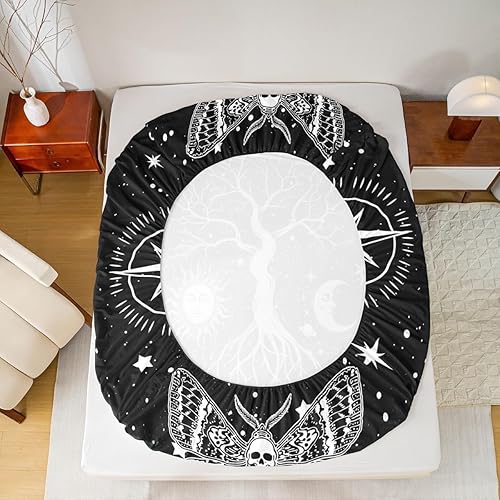 Miniatura 4 de Erosebridal Juego de sábanas de árbol de la vida, sábana bajera ajustable con diseño de sol y luna, diseño de polilla gótica, diseño de calavera de