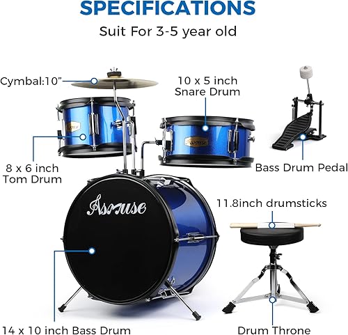 Miniatura 2 de Asmuse Juego de batería para niños, juego de batería de 3 piezas con bajo, tom, trampa, platillo, regalo ideal para niños y niñas (azul)