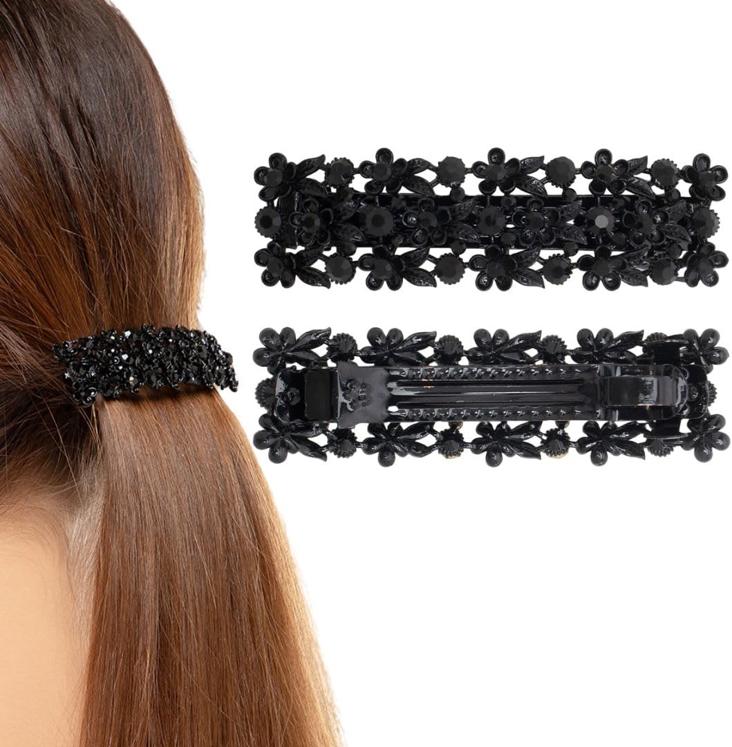 Radhu & Kabby Black Barrette Hair Clip For Women | Metal Hair Barrette | Stylish French Hair Clips for Girls | Black Floral Design with Embellished Stones | One Piece