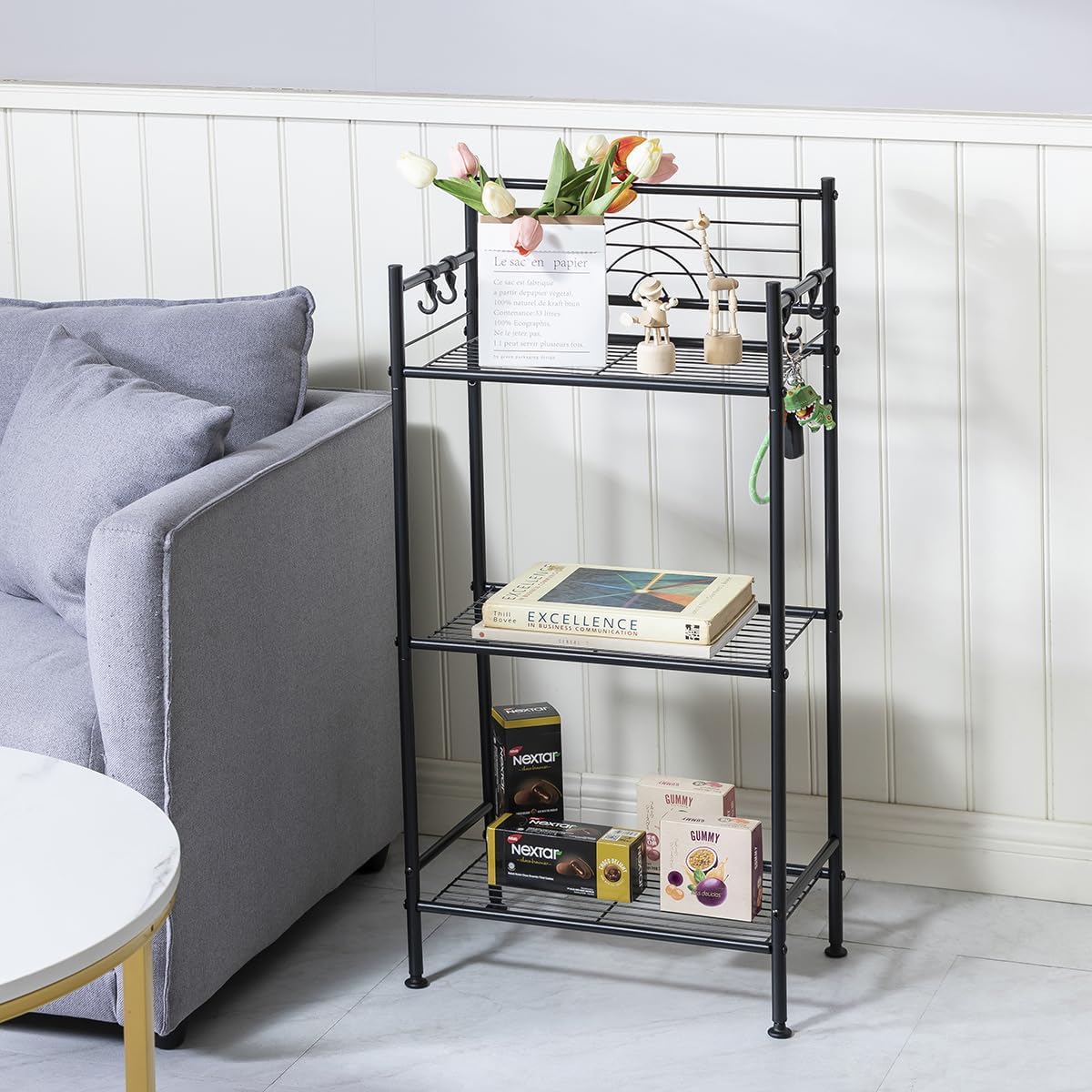 L H UNICO 3-Tier Free Standing Wire Rack Durable Metal Shelving Storage Unit with Adjustable Feet 4-Hook for