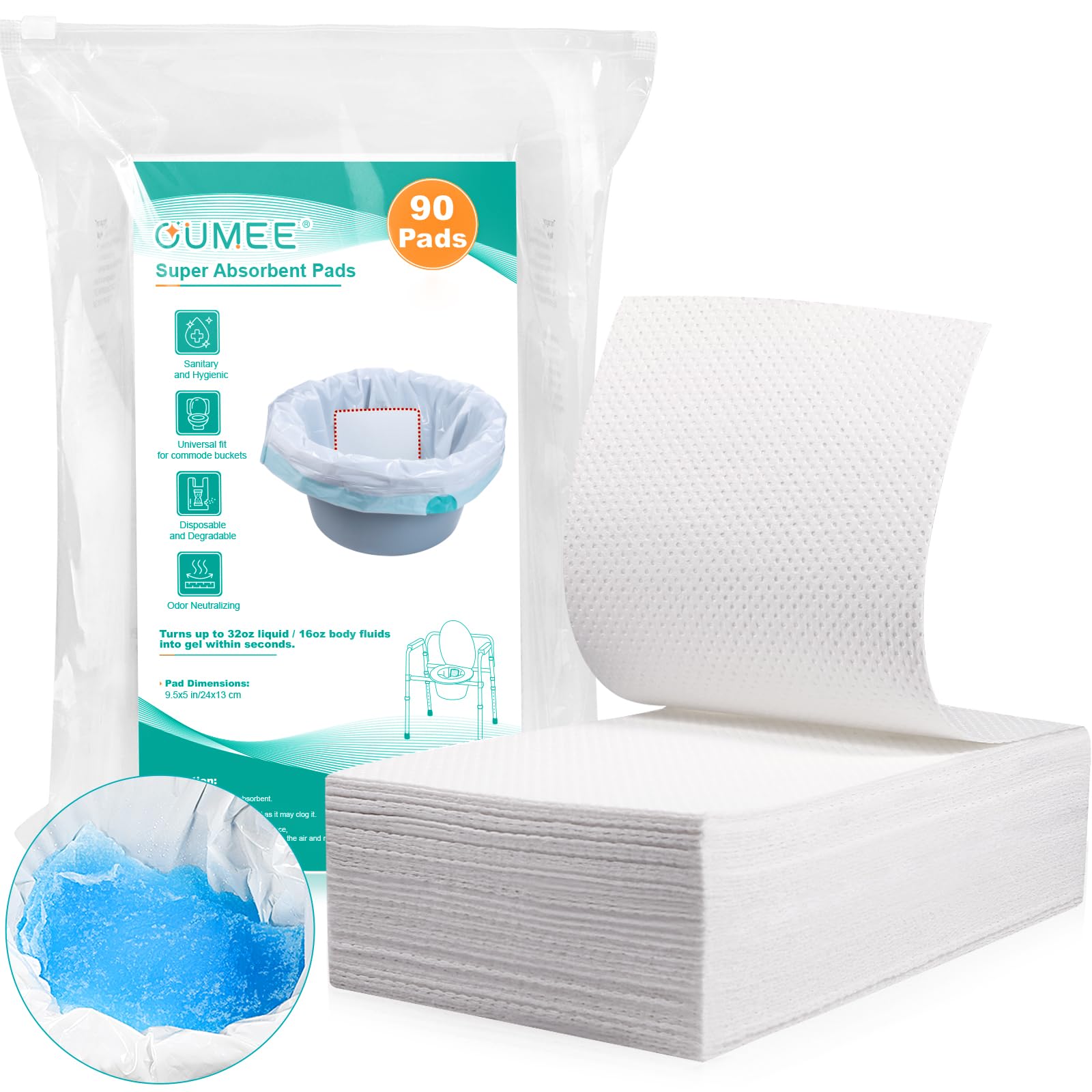 Oumee 90 Count Absorbent Commode Pads for Bedside Commode Bucket, Commode Liners Pads with Absorbent Gel, Potty Liner Pads for Adults Portable Toilet Bags Bedpans