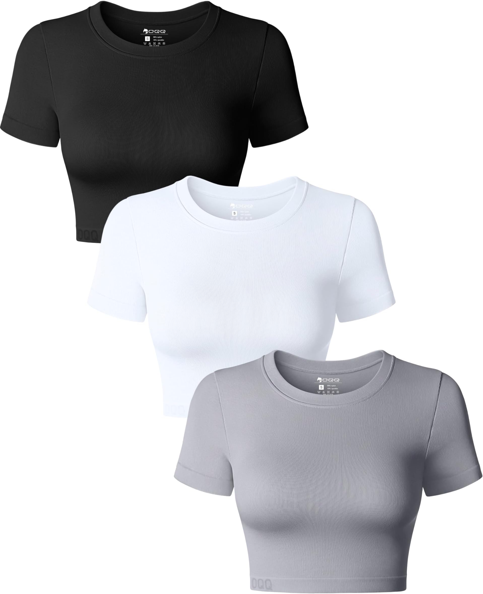 OQQWomen's 3 Piece Crop Tops Crew Neck Shorts Sleeve Stretch Fitted Shirts Crop Tops