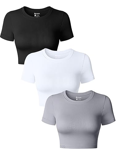 OQQ Women's 3 Piece Crop Tops Crew Neck Shorts Sleeve Stretch Fitted Shirts Crop Tops - Small - Black,grey,white