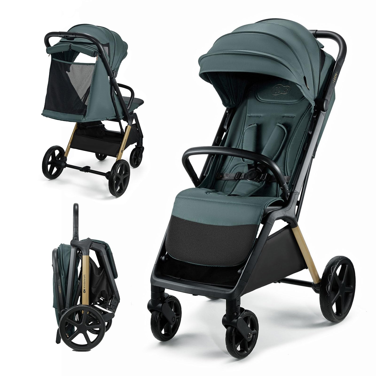 Kinderkraft LOOM Silla de paseo compacta y ligera, plegado automático, grandes ruedas antipinchazos, respaldo reclinable, desde el nacimiento hasta 22 kg, Verde