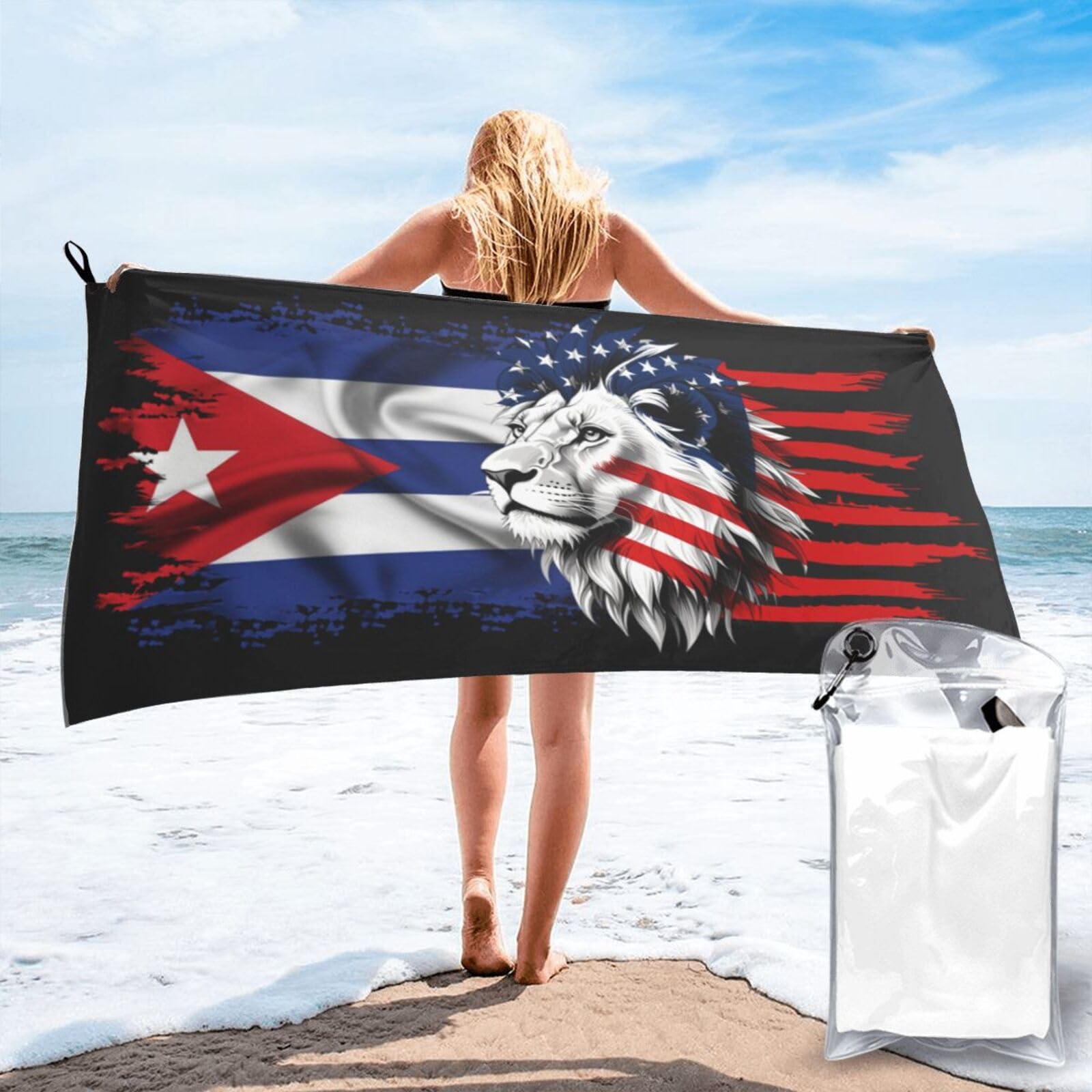 HACXZ Microfiber Beach Towel America Flag and Cuba Flag Large Camping Towel Bathroom Beach Towels