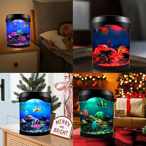 Vista 2 de Toycol Fake Fish Lamp, Nightly Lifelike Desk Electric Mood Light, LED Light Tank with 6 Color Changing and (5 Fake Fish) Mini Aquarium for Home