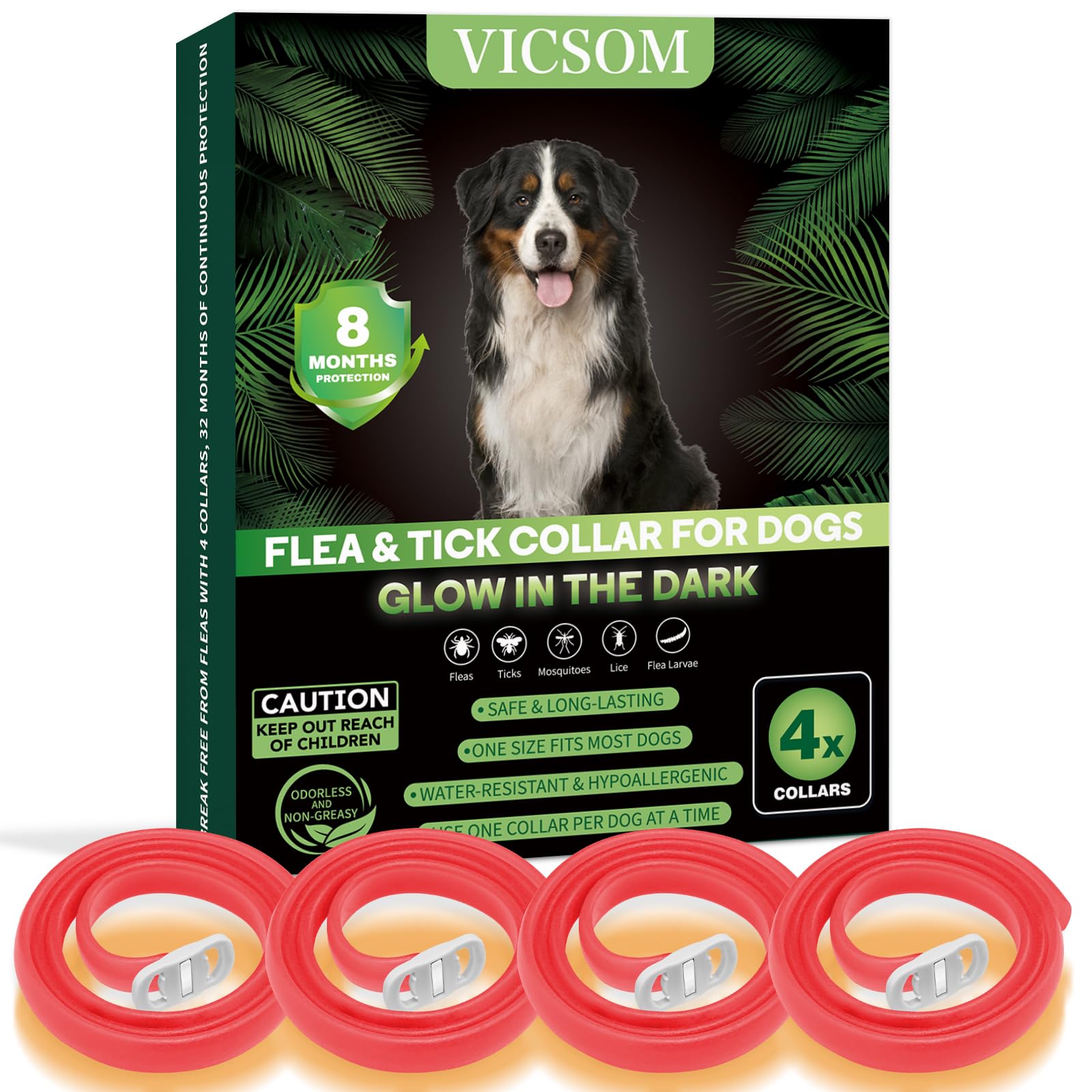 4 Pack Flea Collar for Dog, Dog Flea and Tick Collar Glow in Dark, Red