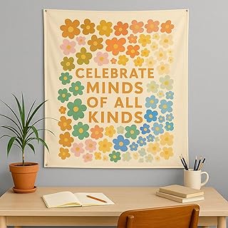 Inspirational Floral Wall Tapestry, Celebrate Minds Design, Cream with M...