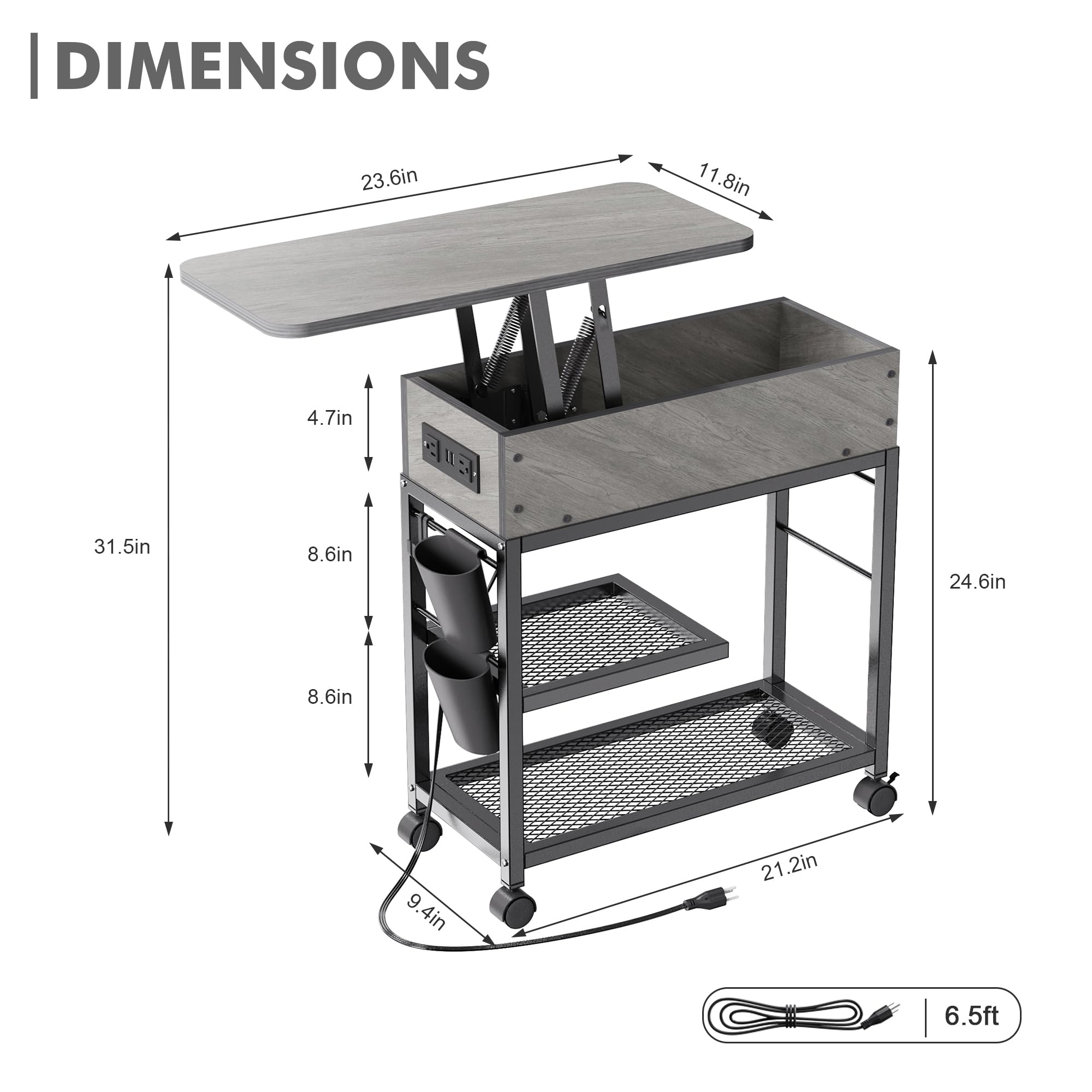 Colima Lift Top End Table with Charging Station and Wheels, Sofa Side