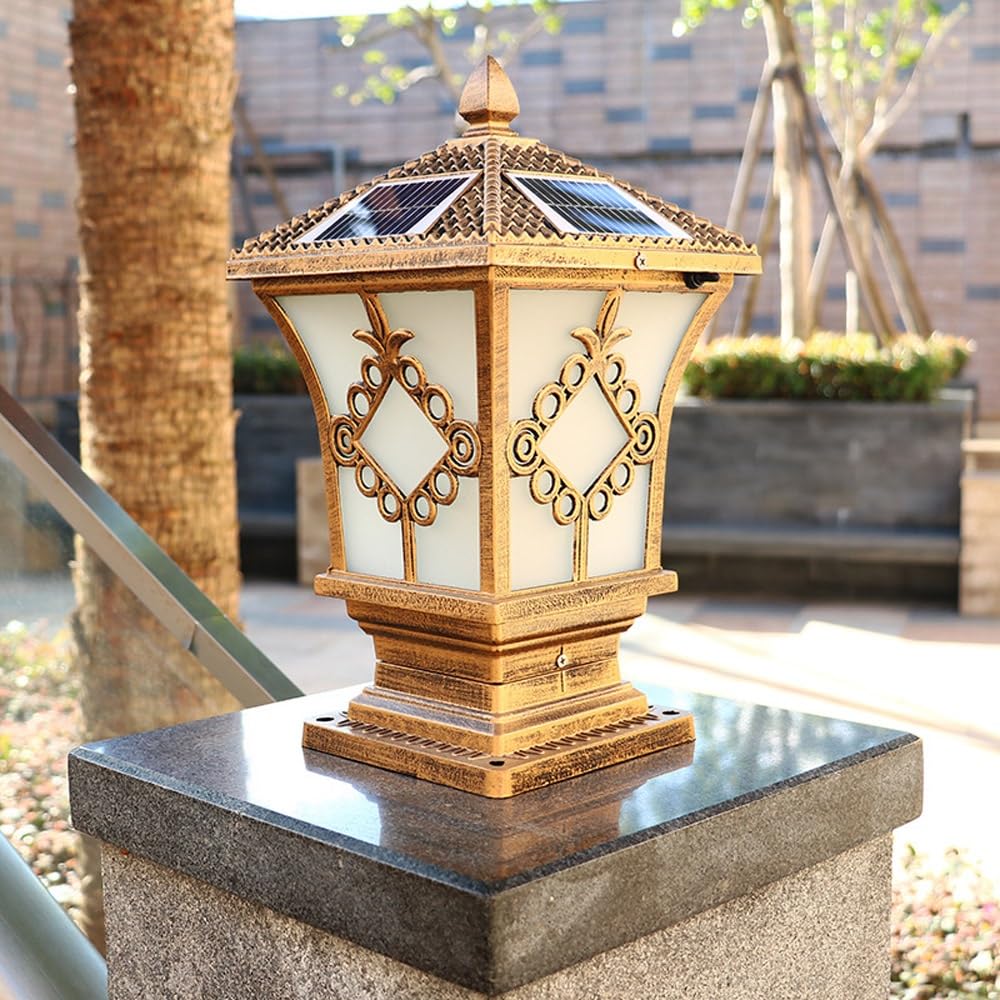Lampadaire solaire pour clôture avec télécommande - Lanterne de rue pour jardin, cour, patio, chemin, bronze, taille L