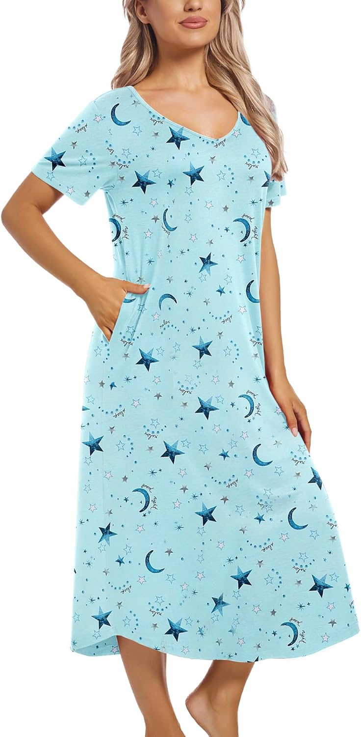 ENJOYNIGHT Womens Nightgown Short Sleeve Night Dress Long Sleepwear Gown with Pockets - Image 5